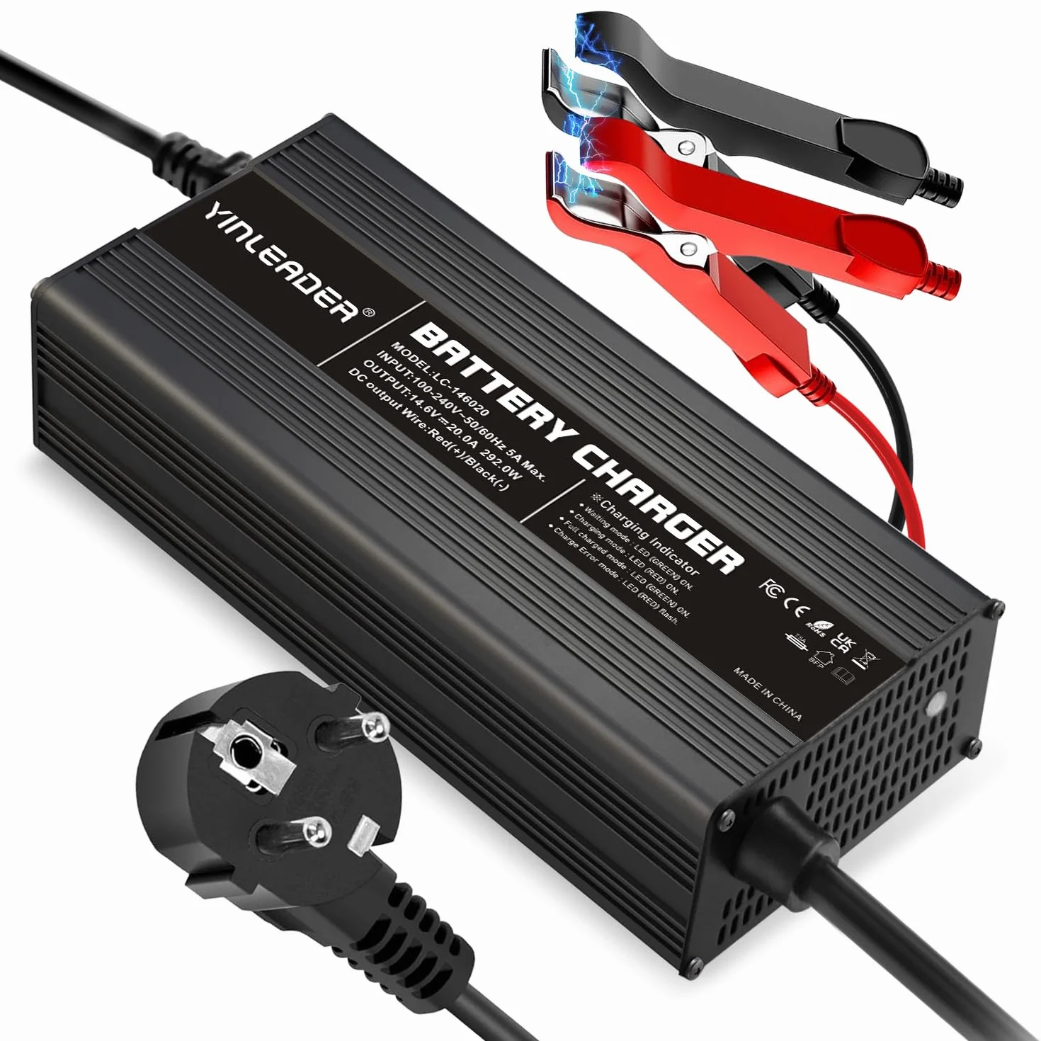 LiFePO4 ładowarka do akumulatora samochodowego 20 A, 12 V, w pełni automatyczna, inteligentna, ochrona wielokrotna, kompaktowy
