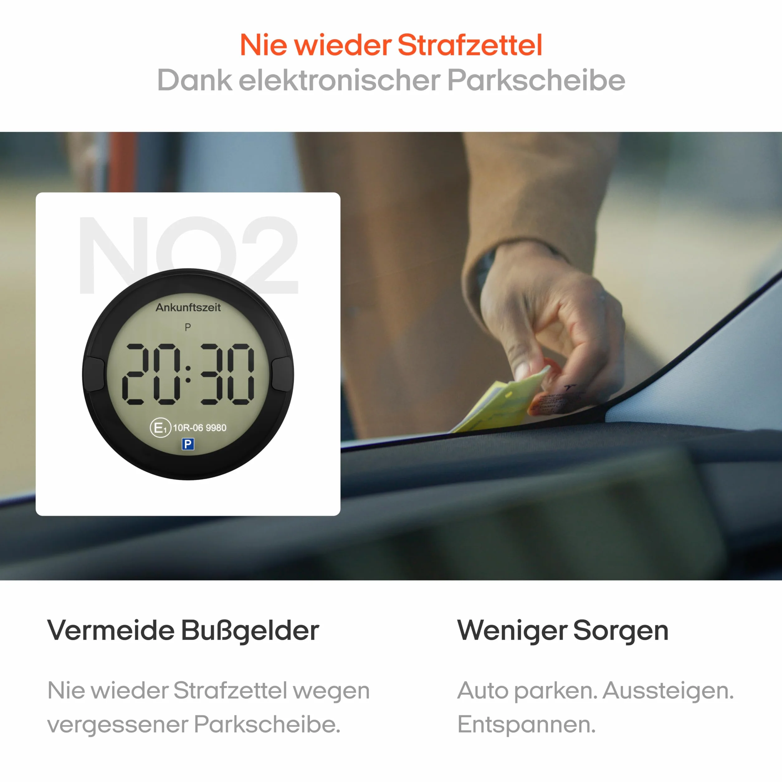 OOONO P-DISC NO2 – elektroniczna tarcza parkingowa z dopuszczeniem do użytku w samochodzie – automatyczna cyfrowa tarcza parkingowa z dopuszczeniem do ruchu drogowego KBA zgodnie z niemieckim prawem o