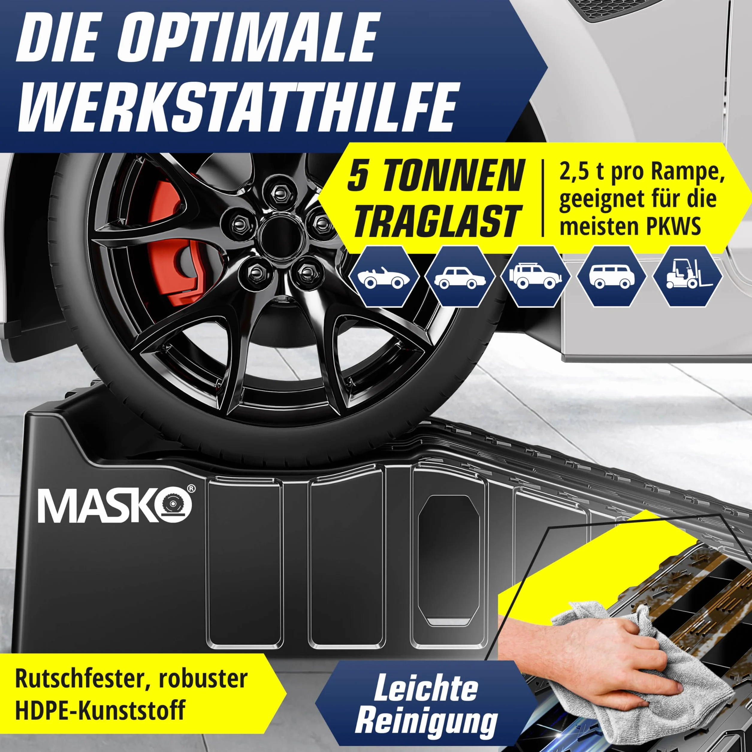 MASKO® Zestaw 2 ramp najazdowych do 7 ton nośności, rampa samochodowa z zabezpieczeniem przed wyciągnięciem, antypoślizgowa, stabilna, bardzo szeroka rampa