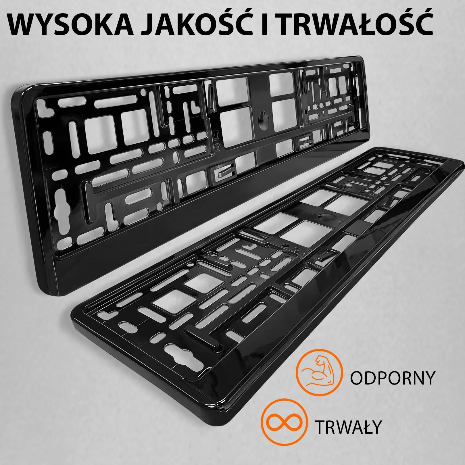 2x Uchwyt tablicy rejestracyjnej - trwały i bezpieczny - 8 śrub - czarny połysk - 520x110 mm - Ramka do tablic rejestracyjnych - pasuje do każdego samochodu - dla polskich tablic PL - uniwersalny