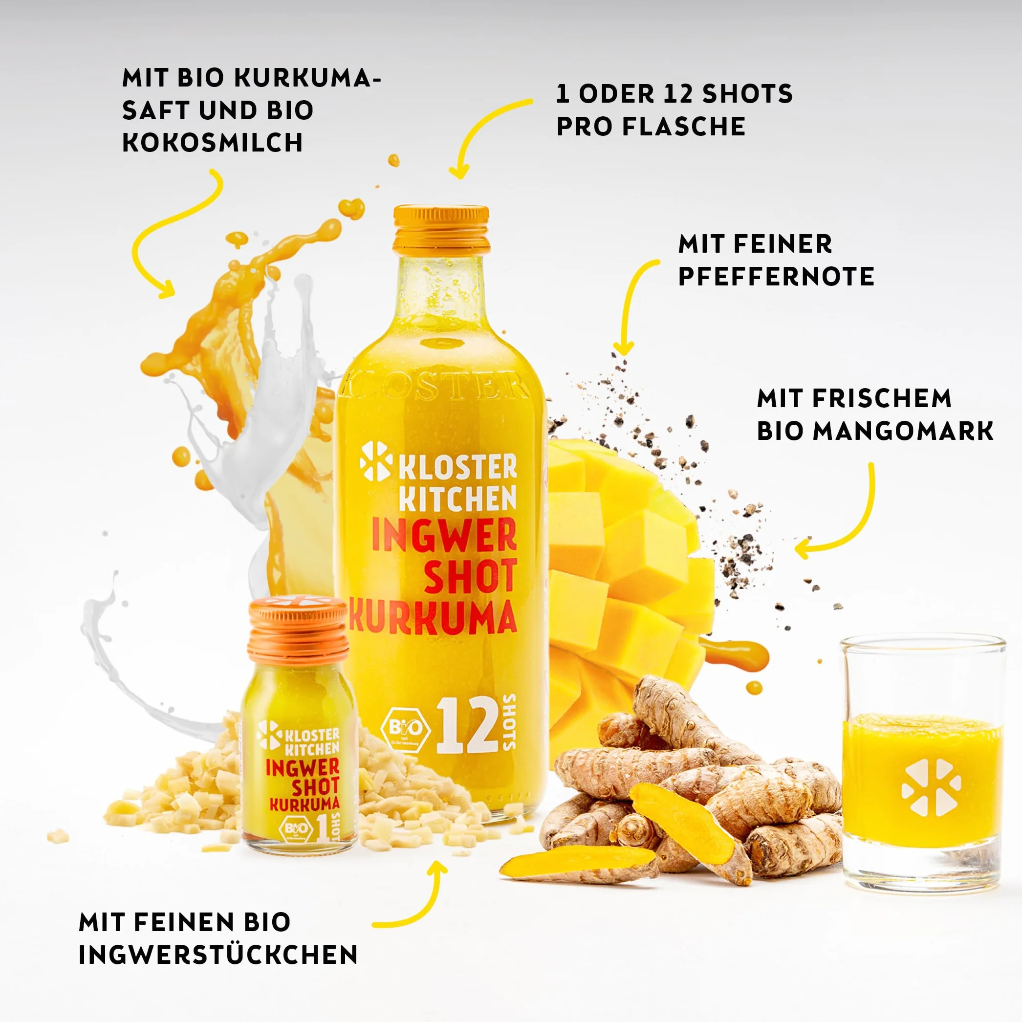 Kloster Kitchen Bio imbir Shot Kurkuma 6 x 360 ml z prawdziwymi kawałkami imbiru, szotki imbiru z kurkumą w szklanej butelce