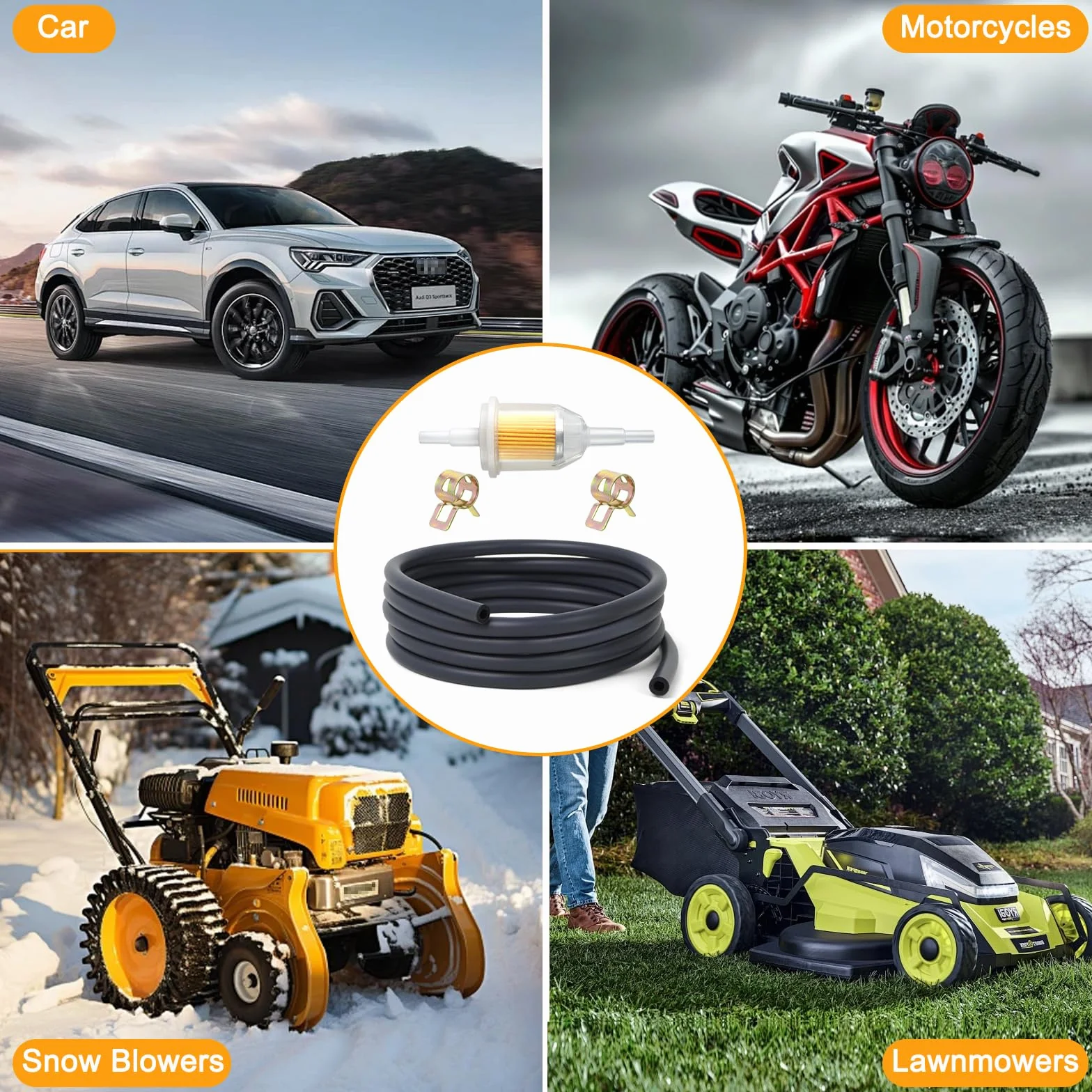 Zestaw 17 węży benzynowych, 2 m, Ø 4,5 mm, wąż paliwowy z 4 filtrami paliwa i 12 opaskami do węża, przewód paliwowy, zestaw do motocykli, kosiarek, skuterów, samochodów ciężarowych