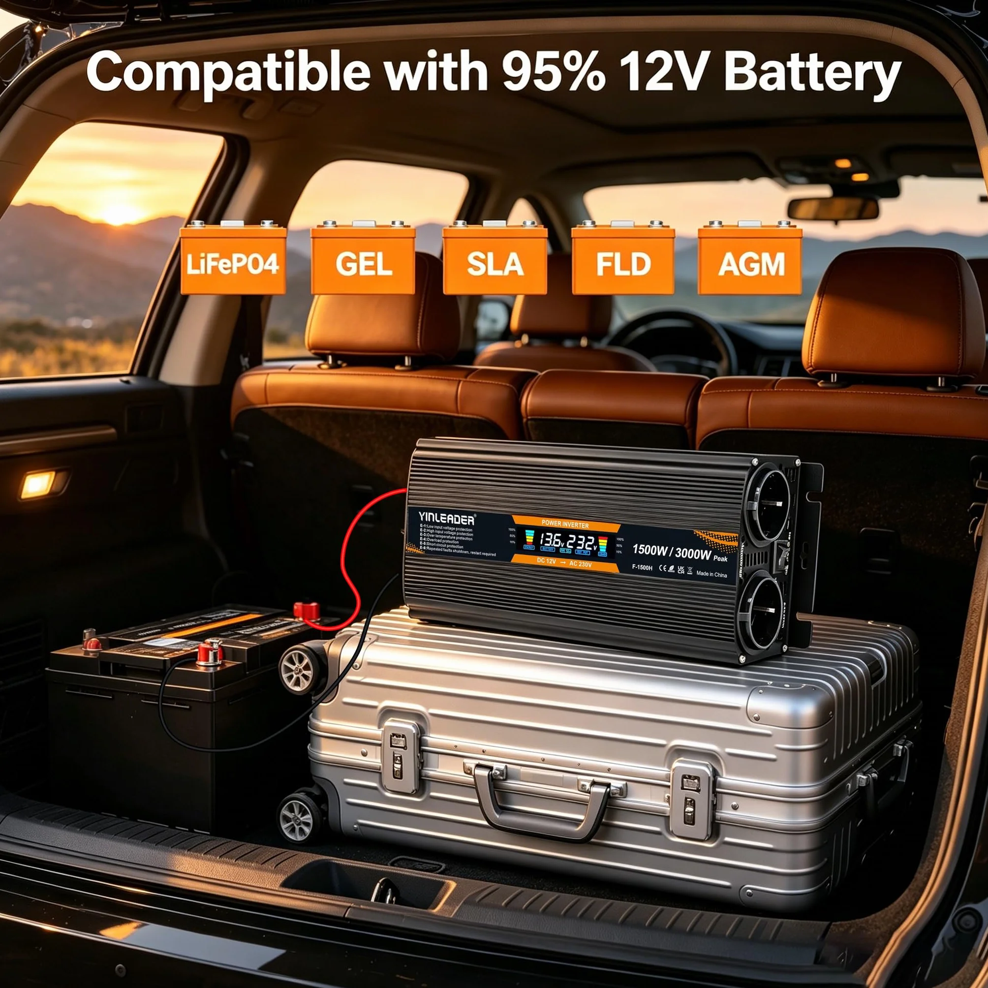 Przetwornica napięcia 12 V, 230 V, 1500 W/ 3000 W, przetwornica prądu z 2 gniazdami, 1 USB