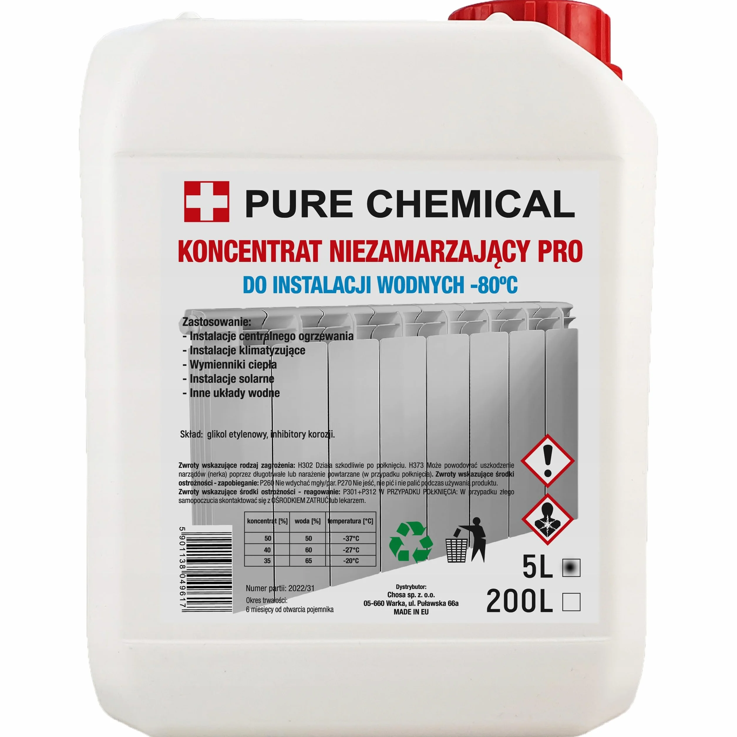 PURE CHEMICAL – koncentrat płynu niezamarzającego do systemów grzewczych i chłodniczych – ochrona przed korozją – wysoka wydajność – do pomp ciepła i kominków z płaszczem wodnym, -80°C 5L