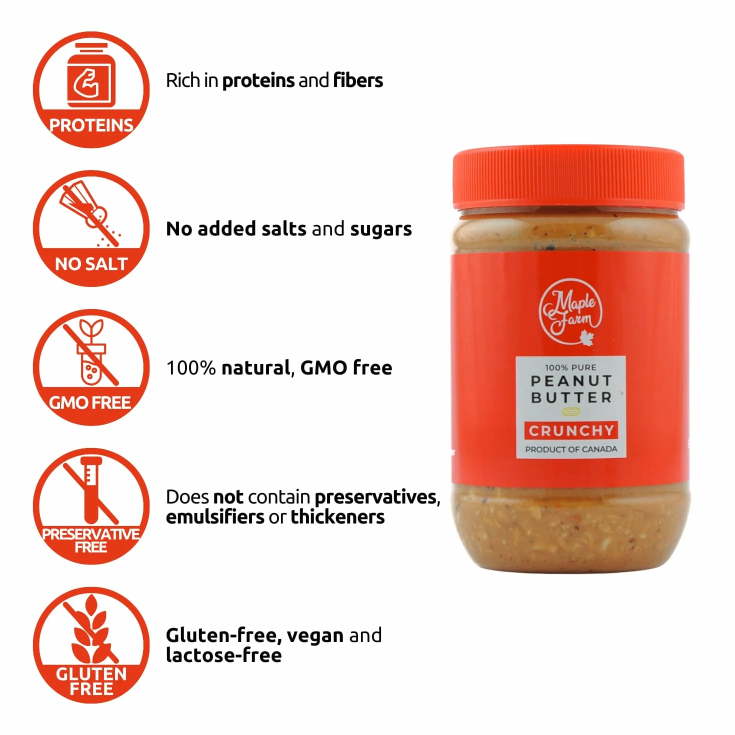 MapleFarm - 100% Czyste chrupiące masło orzechowe (CRUNCHY) - 2 x 500g (1 Kg) - Proteinowe masło orzechowe - Proteinowy krem ​​- Naturalne masło orzechowe - Peanut Cream - Peanut butter crunchy