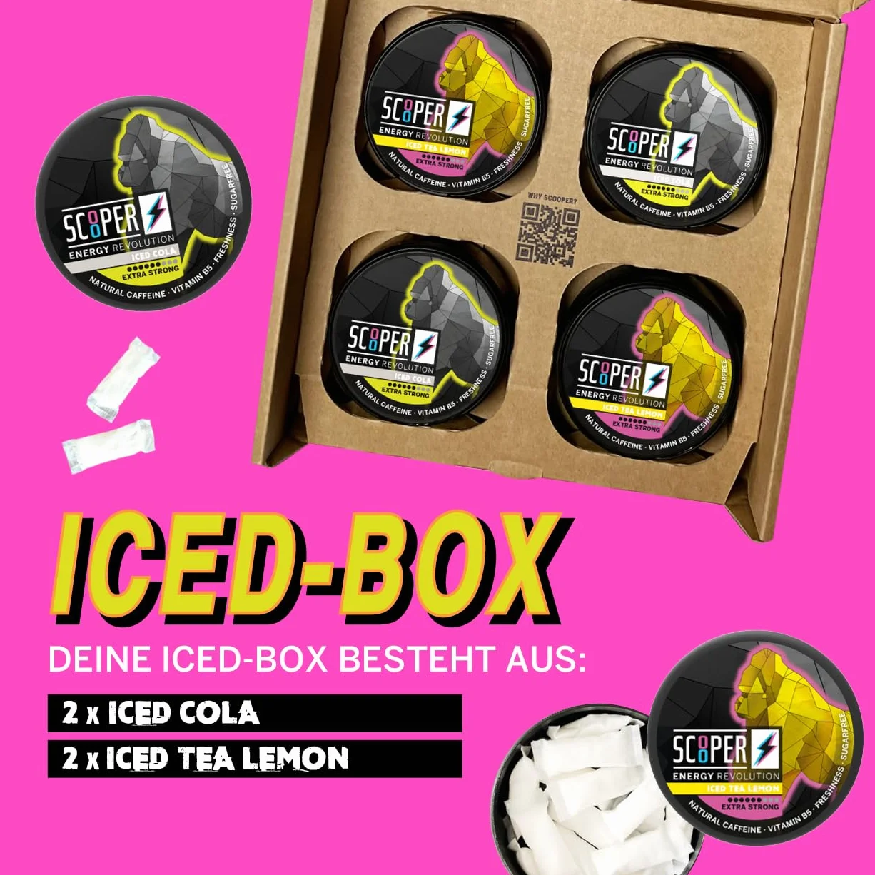 SCOOPER Energy 80 mg Iced Box Lemon Extra Strong | 2 x Iced Cola Extra Strong, 2x Iced Tea Lemon Extra Strong | 4 x 7,2 g
