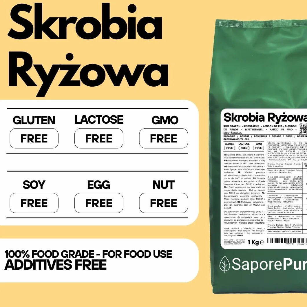 SaporePuro Naturalna Skrobia Ryżowa 1000 g – 100% Włoska, Bezglutenowa, Idealna do Naturalnej Kosmetyki, Deserów i Sosów