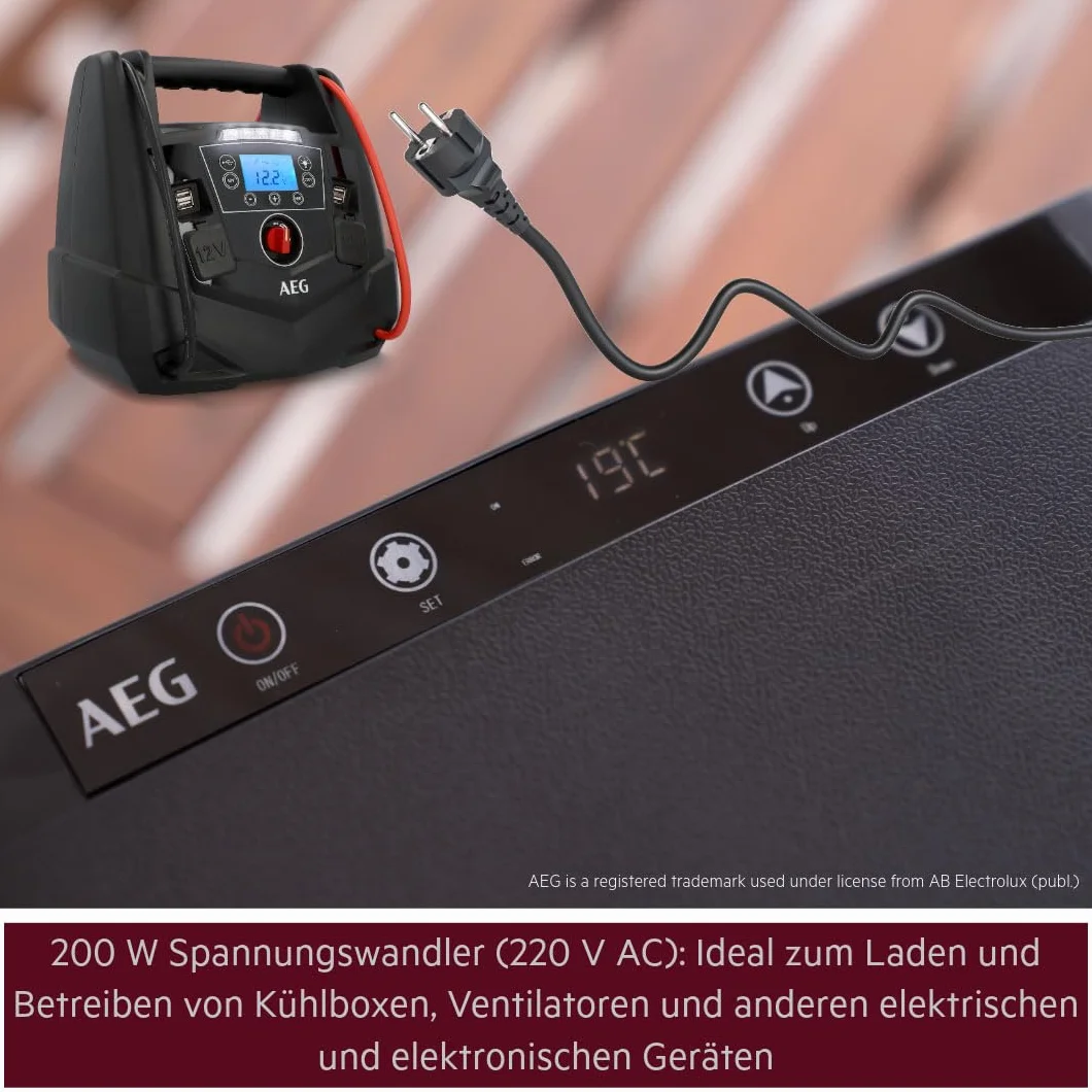 AEG Przenośna stacja energetyczna 12 V, urządzenie ułatwiające rozruch, stacja zasilająca ze sprężarką powietrza, przetwornica napięcia 220 V, gniazdko z 4 USB, kompatybilna z samochodami osobowymi,