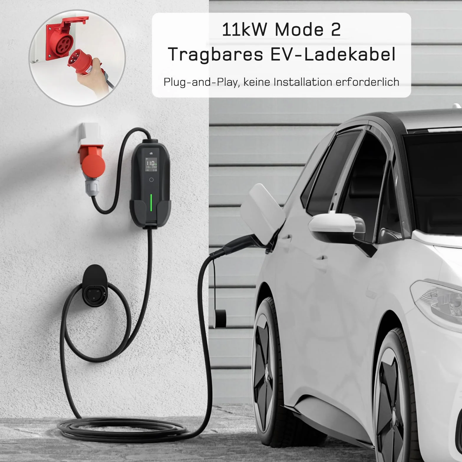 dé Przenośna stacja ładująca 11 kW [3-fazowa | 5,5 m | 6-16 A] z regulowaną mocą ładowania, kabel do ładowania CEE 16A na typ 2 i EV ładowarka do modeli Y/3, ID.3/4/5, MG4, EX30, e-up, e-tron i innych