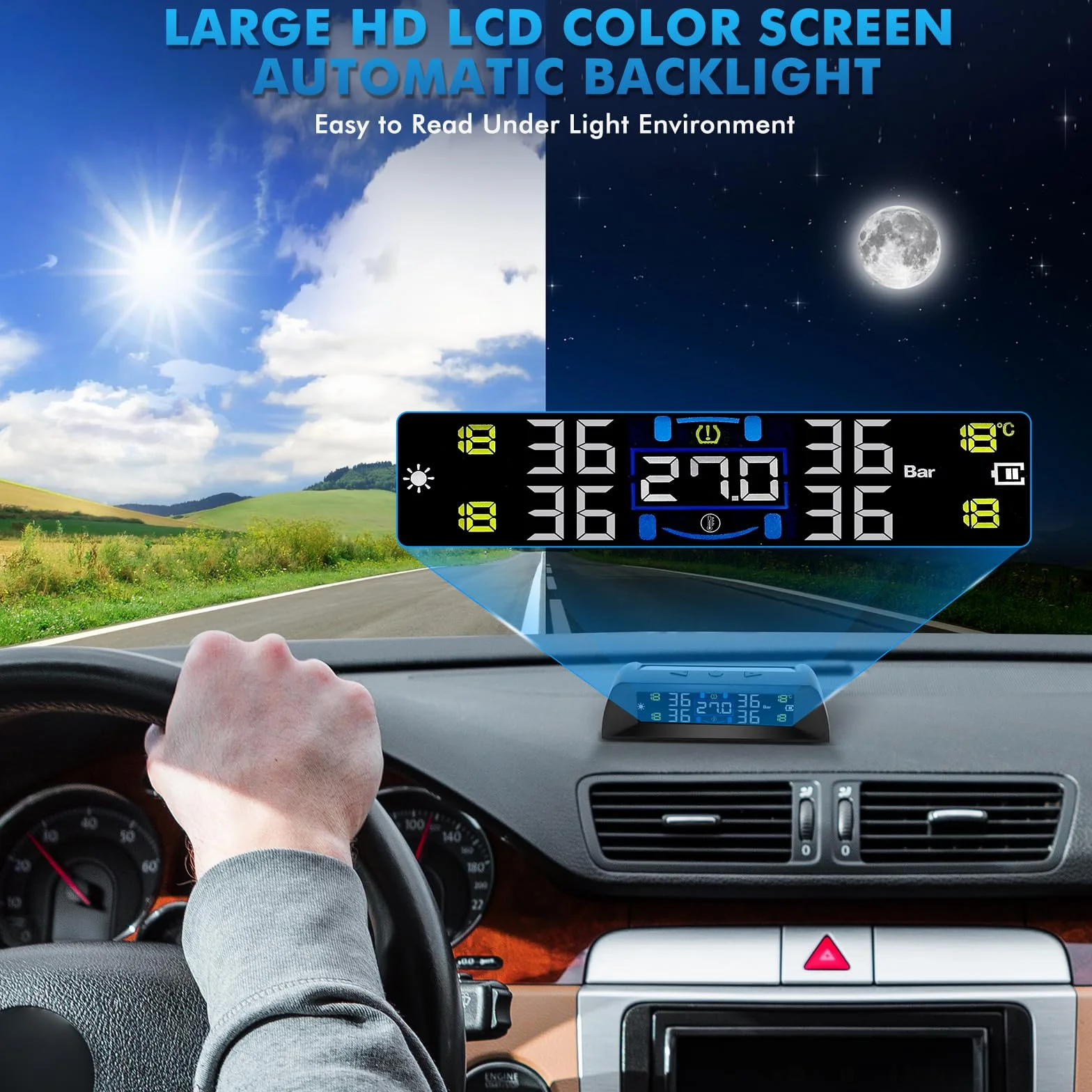 KAOLALI System monitorowania ciśnienia w oponach, TPMS z monitorowaniem temperatury w samochodzie, ładowarka solarna i USB, 4 zewnętrzne czujniki opon, automatyczne włączanie/wyłączanie, do kampera