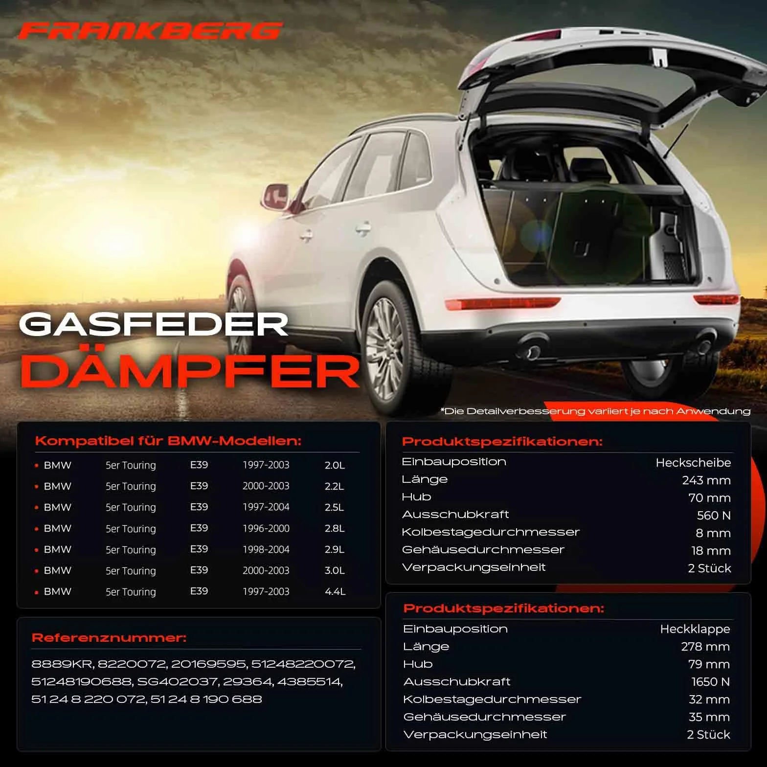 sprężyna gazowa do tylnej klapy amortyzator BMW 5 Touring E39 Kombi 1997-2004 51248220072