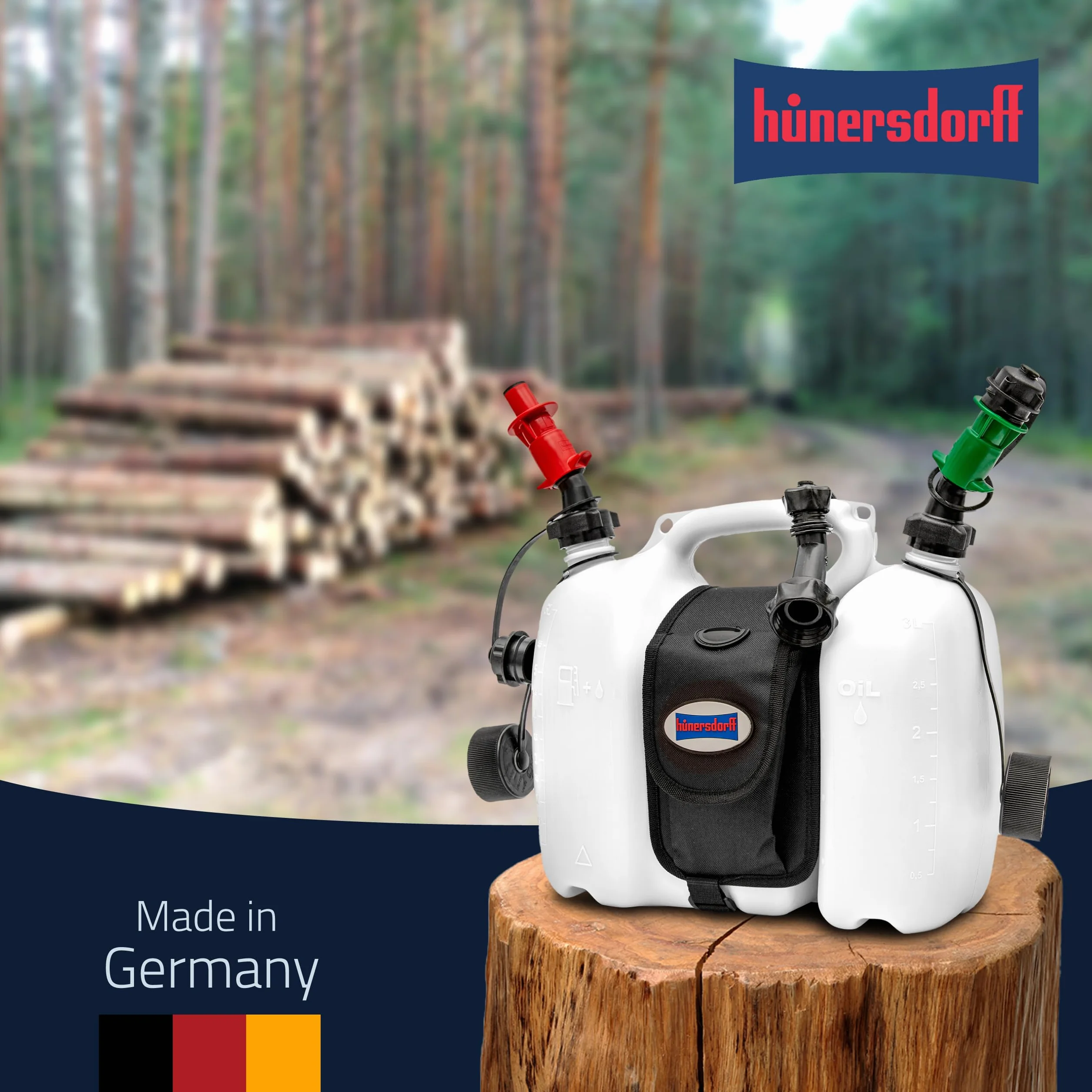 hünersdorff 804962 profesjonalny podwójny kanister/kanister kombi na paliwo i olej, z torbą podsiodłową i dwoma systemami napełniania, dopuszczenie ONZ, Made in Germany