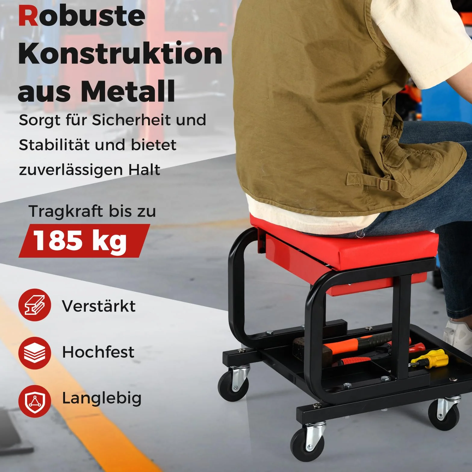 GOPLUS Taboret warsztatowy na kółkach, krzesło warsztatowe, obciążenie do 185 kg, taboret warsztatowy z kółkami 360°, wysuwana szuflada i półka na narzędzia, taboret roboczy do garażu (czerwony)