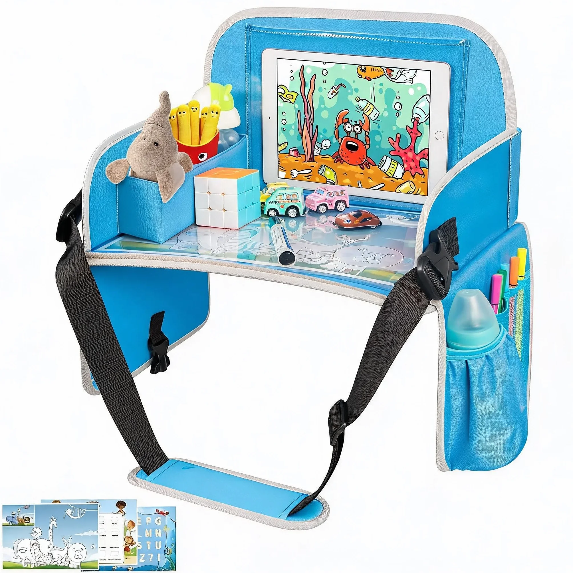 MENZOKE Taca podróżna dla dzieci, tacki na siedzenia samochodowe dla dzieci, podróże, samolot, akcesoria podróżne z uchwytem na tablet, akcesoria podróżne do samochodu drogowego dla dzieci z tablicą