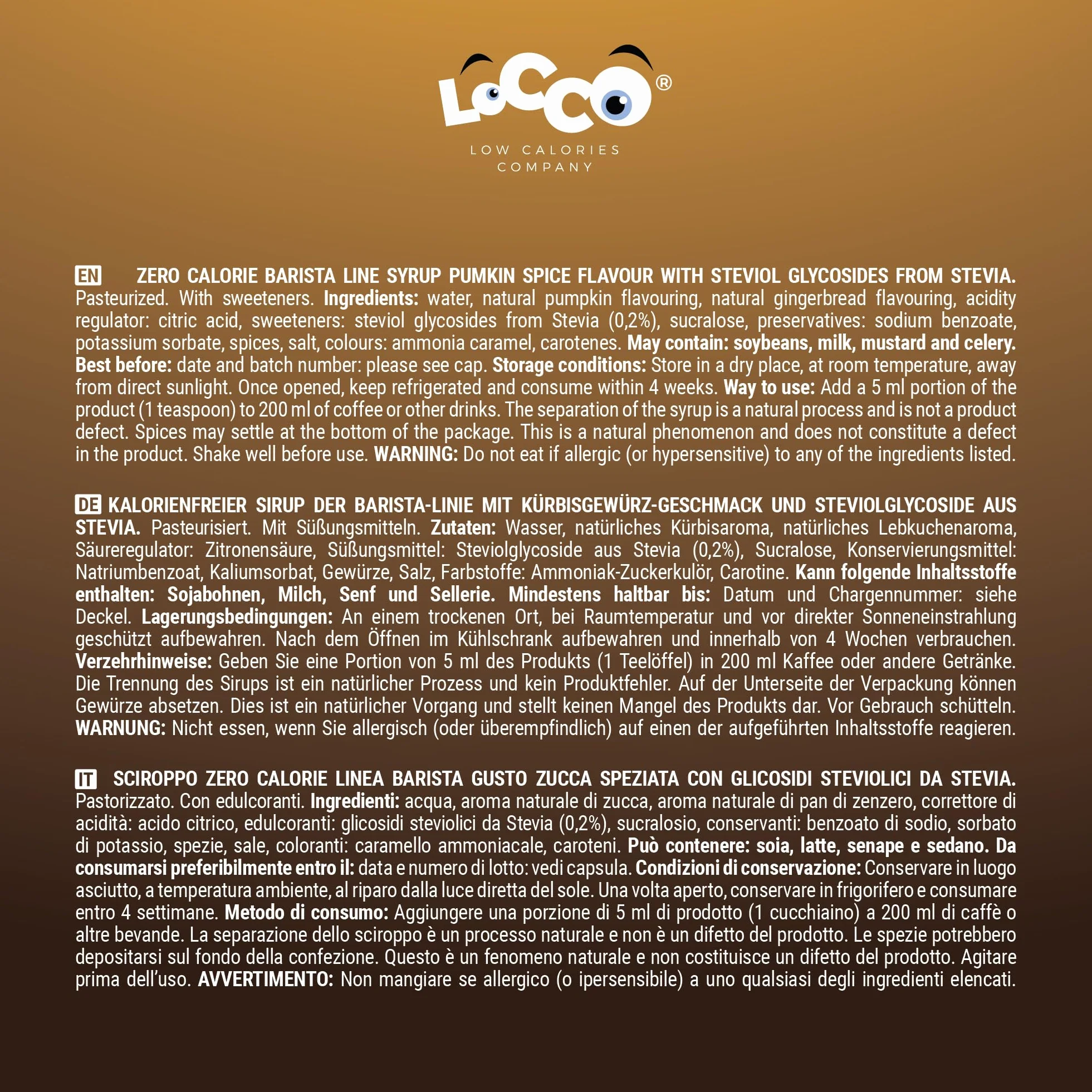 LoCCo Bezkaloryczny Syrop Barista do Kawy ze Stewią – Zero Kalorii, Bez Cukru, Keto (Smak Pumpkin Spice/Korzenna Dynia) 1L