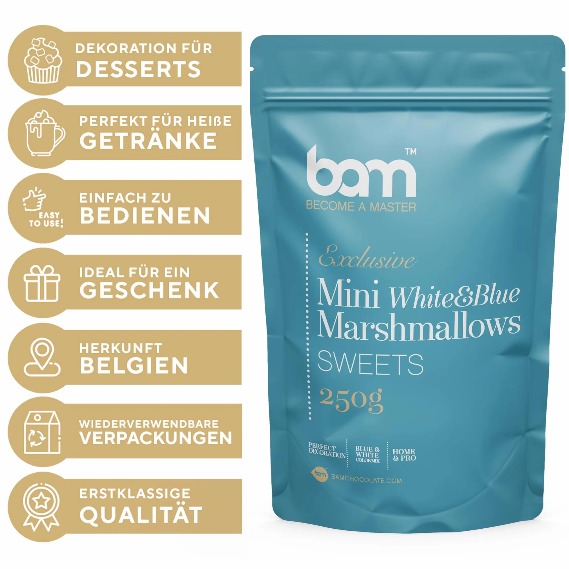 BAM Mini Marshmallow 250 g - słodkie marshmallows do gorącej czekolady, deserów i dekoracji