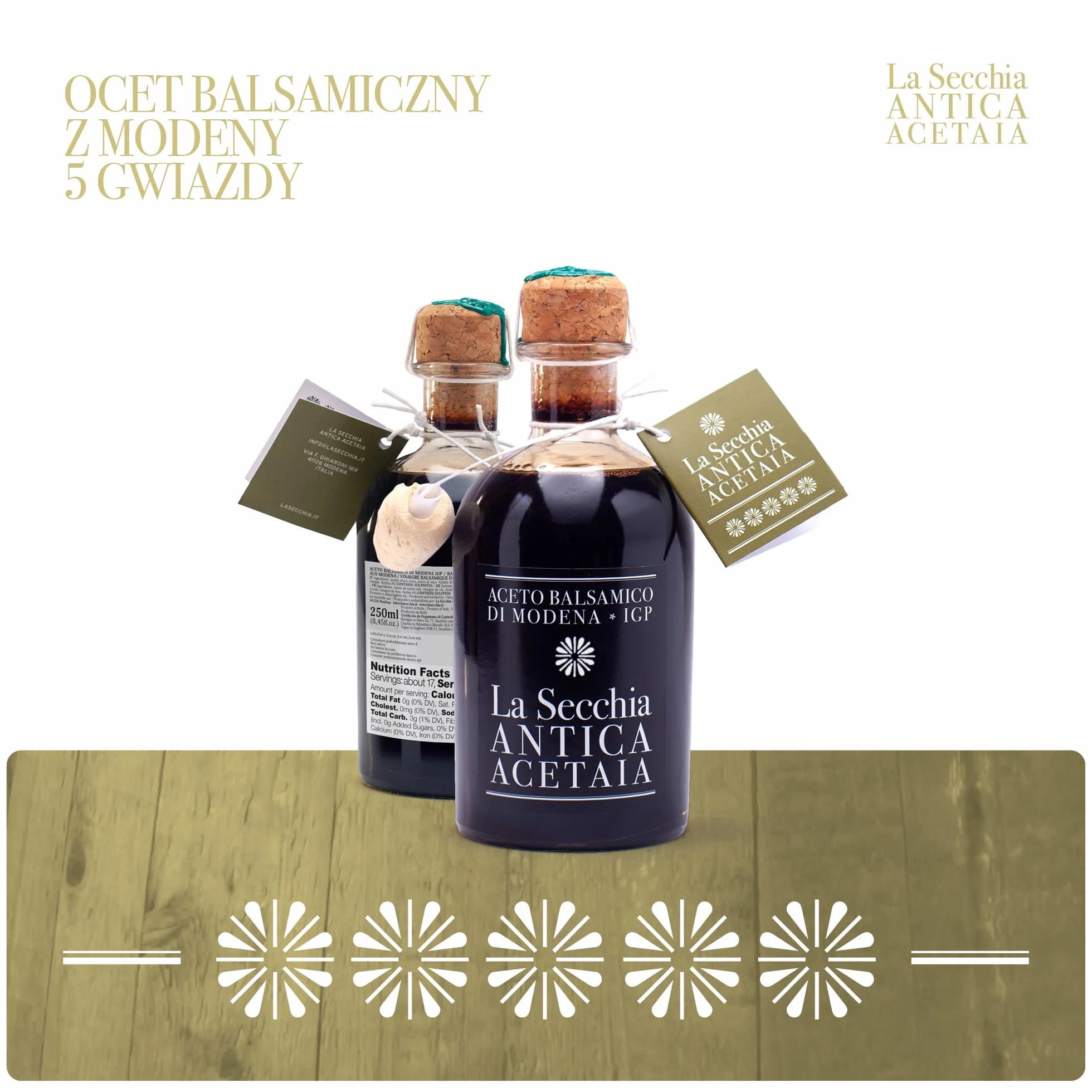 La Secchia - "Cinque Stelle" ChOG Ocet Balsamiczny z Modeny, Dojrzewający w 20 Beczkach z Różnych Gatunków Drewna, Wysoka Gęstość, Butelka 250 ml z Korkiem