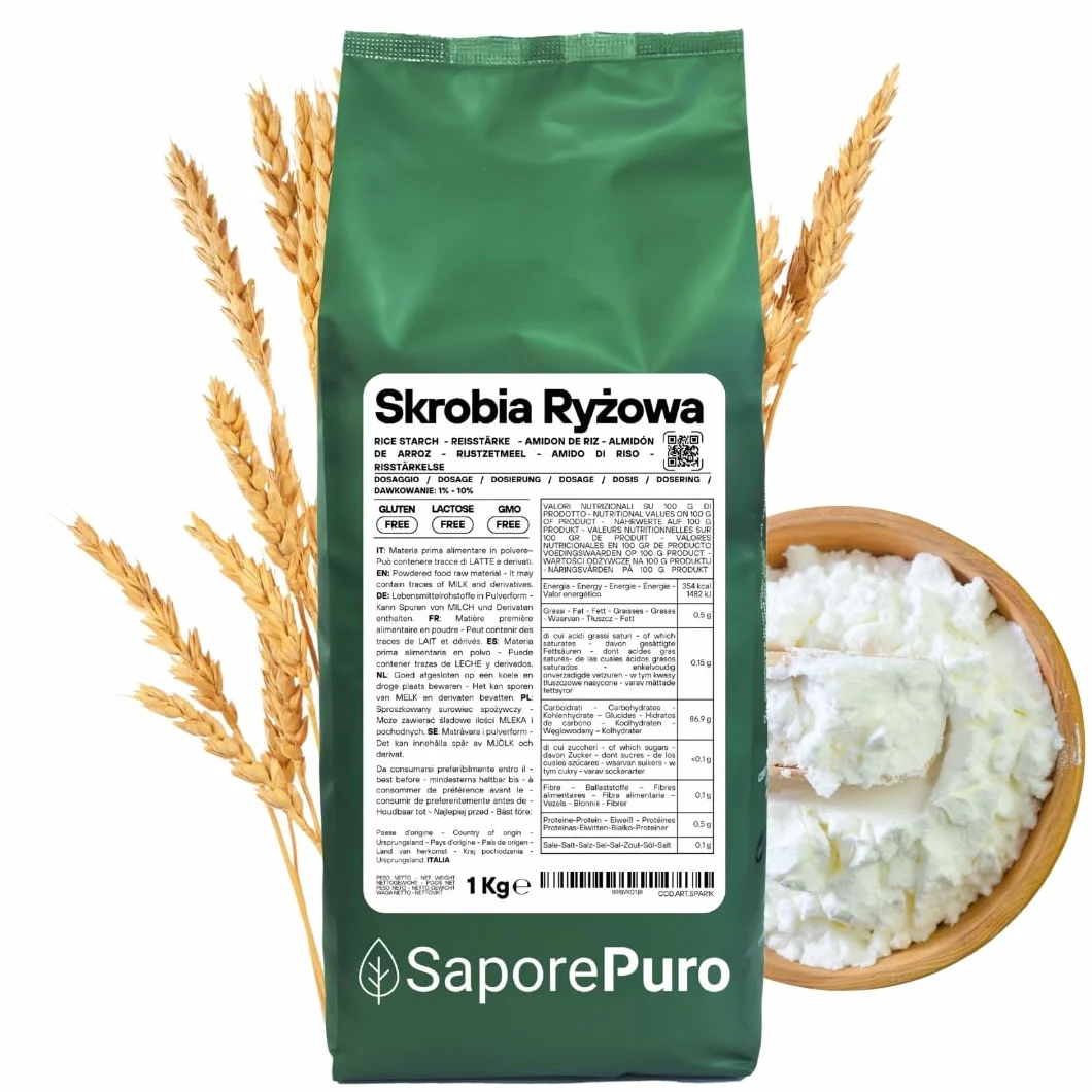 SaporePuro Naturalna Skrobia Ryżowa 1000 g – 100% Włoska, Bezglutenowa, Idealna do Naturalnej Kosmetyki, Deserów i Sosów