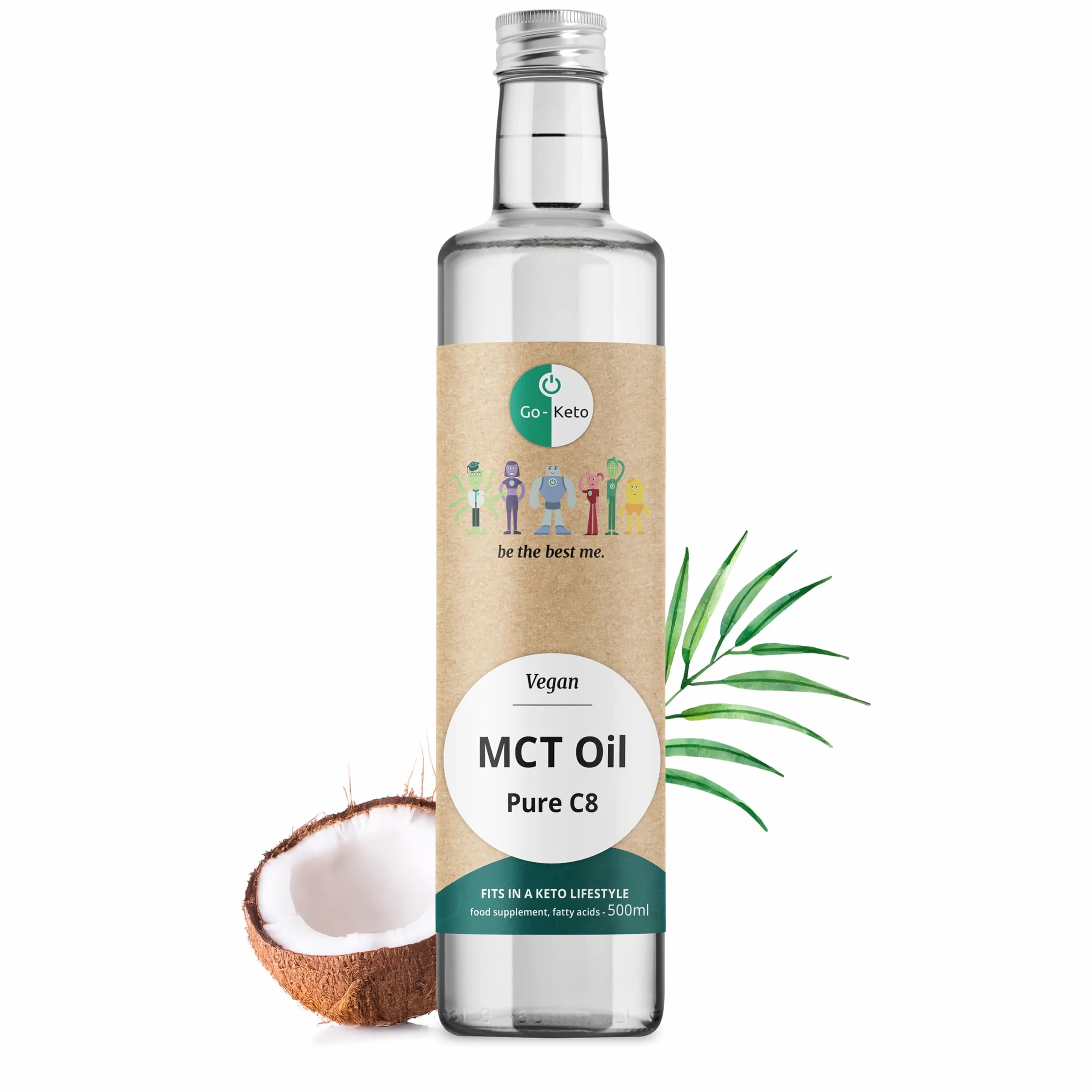 Go-Keto MCT Oil C8, 500 ml | Olej MCT C8, 100% olej kokosowy bez oleju palmowego | idealny do diety keto | idealny do kawy Bulletproof Coffee lub keto shake'a | wegański, no sugar