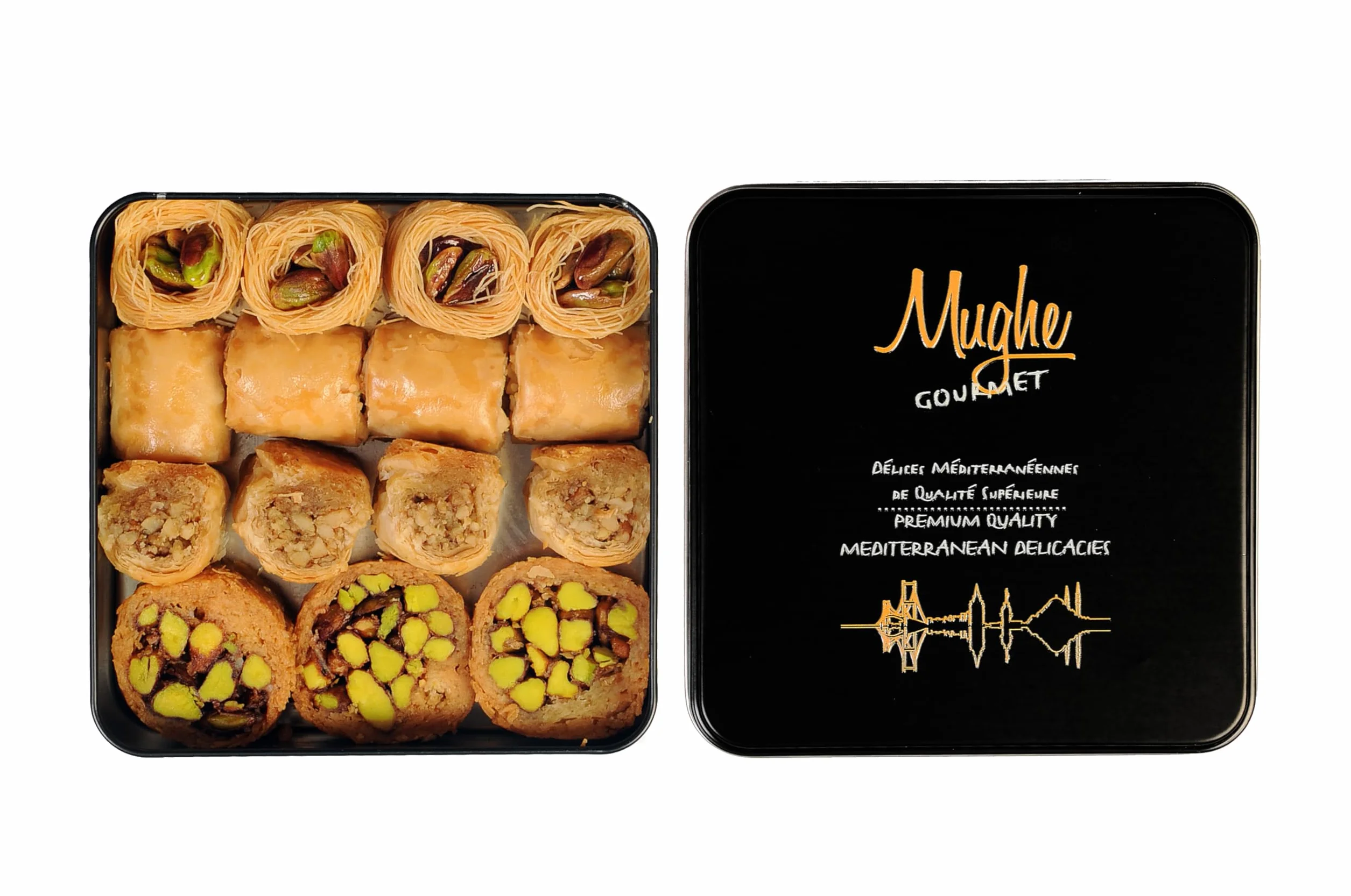 Mughe Gourmet Deluxe tureckie pistacje Baklava zestaw upominkowy 250g, wybranych wypieków Baklawa przysmaki ciasta liściastego, Mix Gourmet słodycze