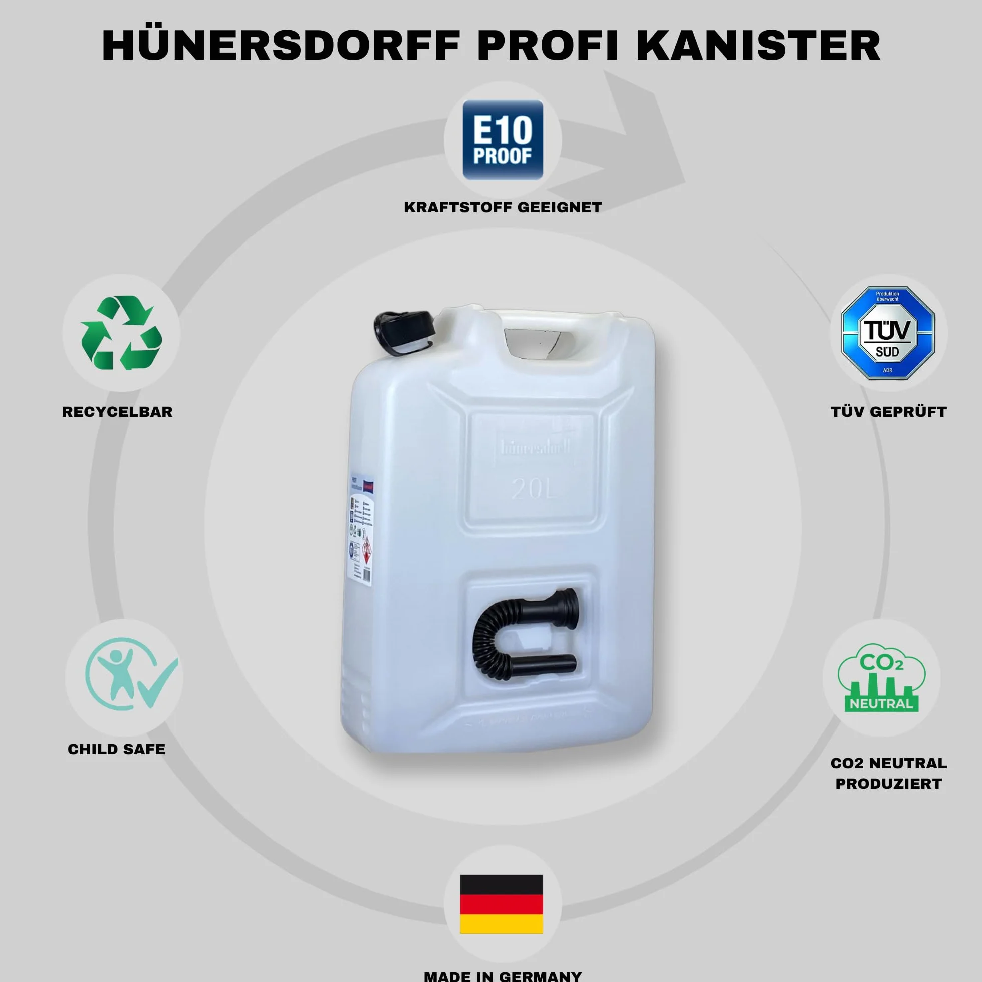 hünersdorff Kanister na paliwo, Profi 20 l, na benzynę, olej napędowy i inne towary niebezpieczne, dopuszczenie ONZ, wyprodukowano w Niemczech, z atestem TÜV, naturalny