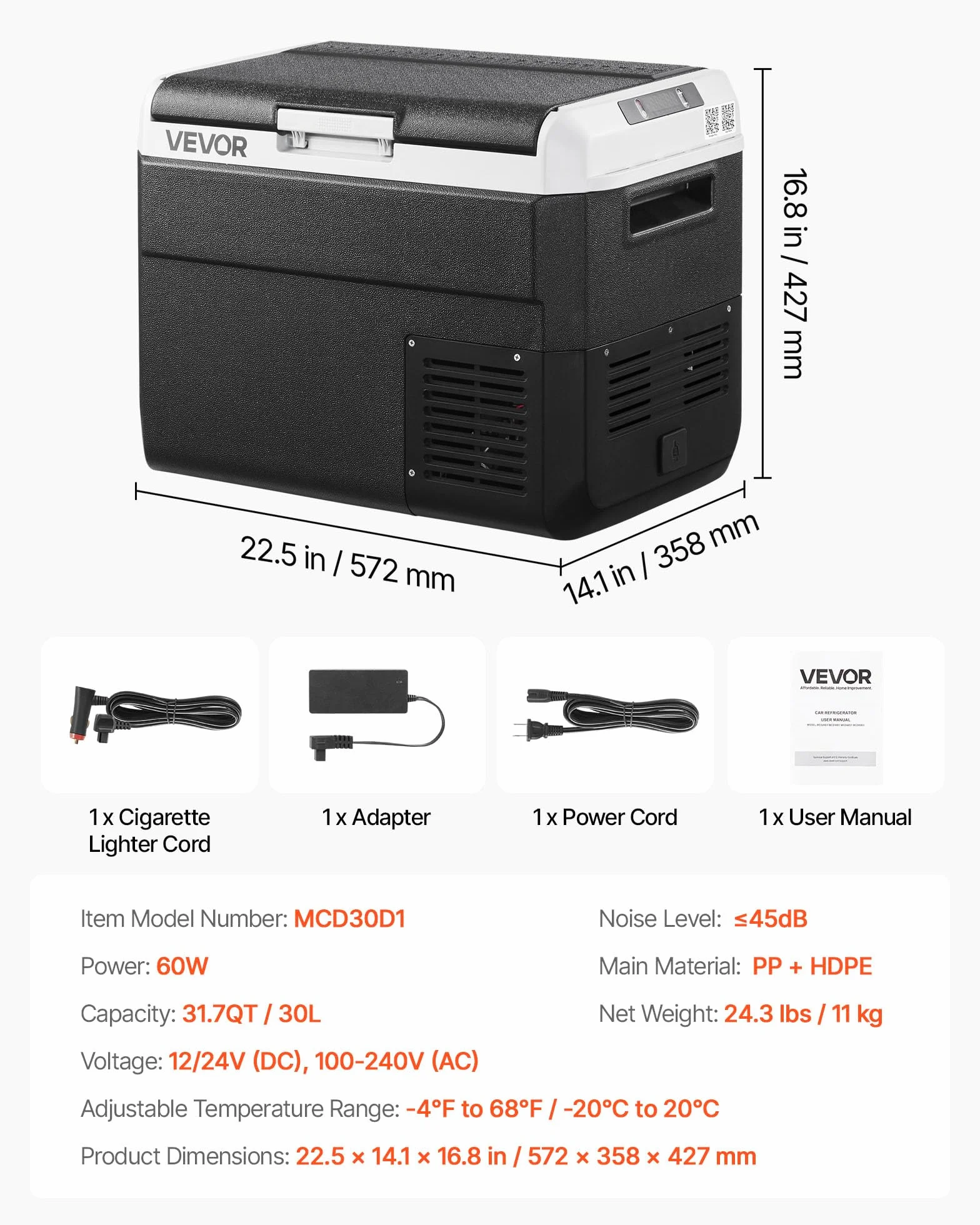 VEVOR Lodówka samochodowa 12 V, lodówka samochodowa 31,7 QT/30 l, przenośna lodówka elektryczna z regulowaną temperaturą -15.6 °C ~ 20.0 °C, 12/24 V DC i 100-240 V AC, sprężarka, zamrażarka na