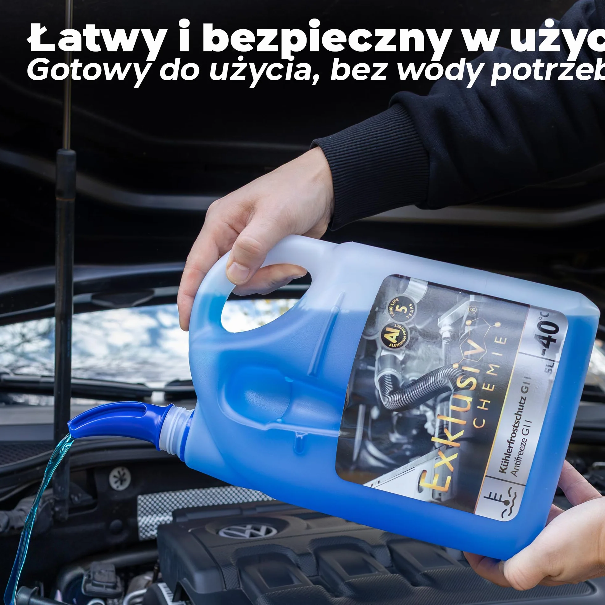 Exklusiv Chemie G11 Płyn chłodniczy do -40 °C – 5 litrów – 5 lat | Antifreeze do silnika | Płyn chłodzący G11 niebieski | Gotowy do użycia | z lejkiem do napełniania