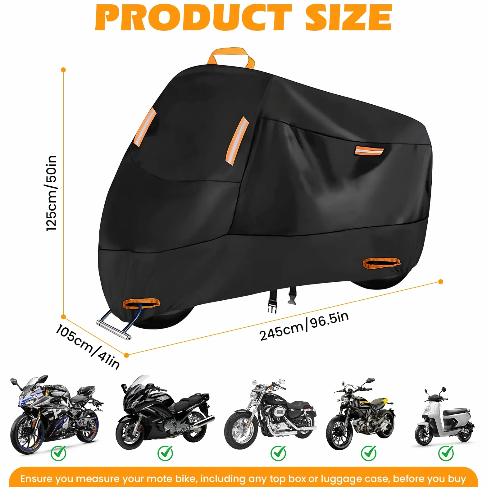 Zorple Pokrowiec na Motocykl, Wodoodporny i Odporny na UV, Plandeka Ochronna z Oxford 210D,PodwÓJne Szycie, OtwÓR na Zamek i Paski Przeciwwiatrowe,do Użytku Zewnętrznego i Wewnętrznego 245x105x125cm