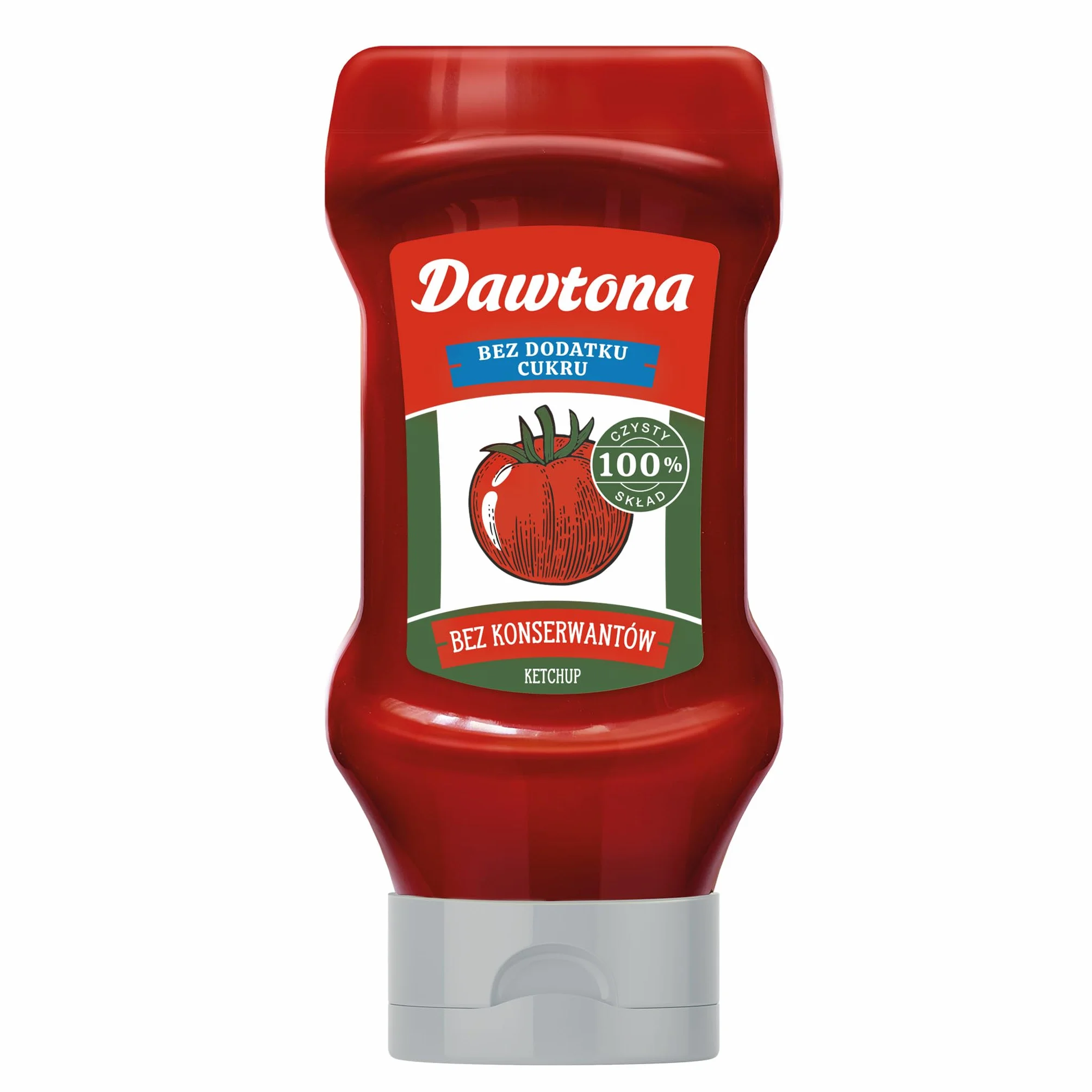 DAWTONA Ketchup Łagodny Bez Cukru 450g, 100% Czysty Skład z Polskich Pomidorów, bez Konserwantów i bez Skrobi, Naturalnie Gęsty - Idealny do Dań Fit, Pizzy, Kanapek i Burgerów
