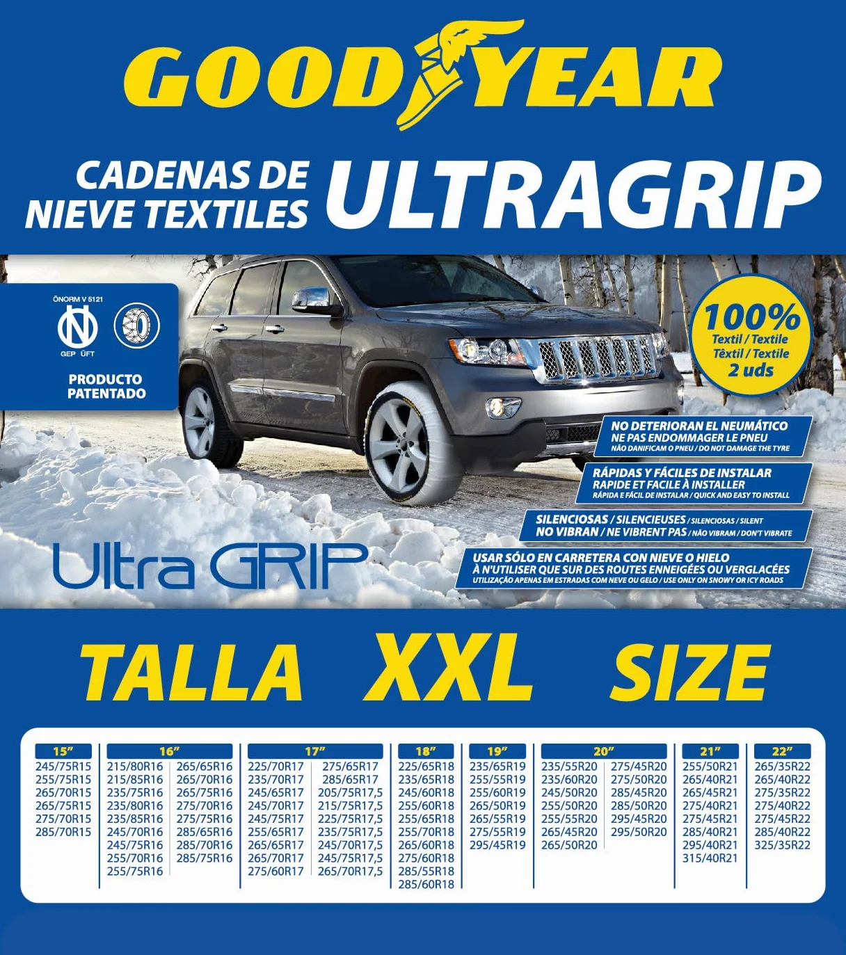 Goodyear Zestaw 2 tekstylnych łańcuchów śniegowych do samochodów Ultra GRIP Rozmiar XXL