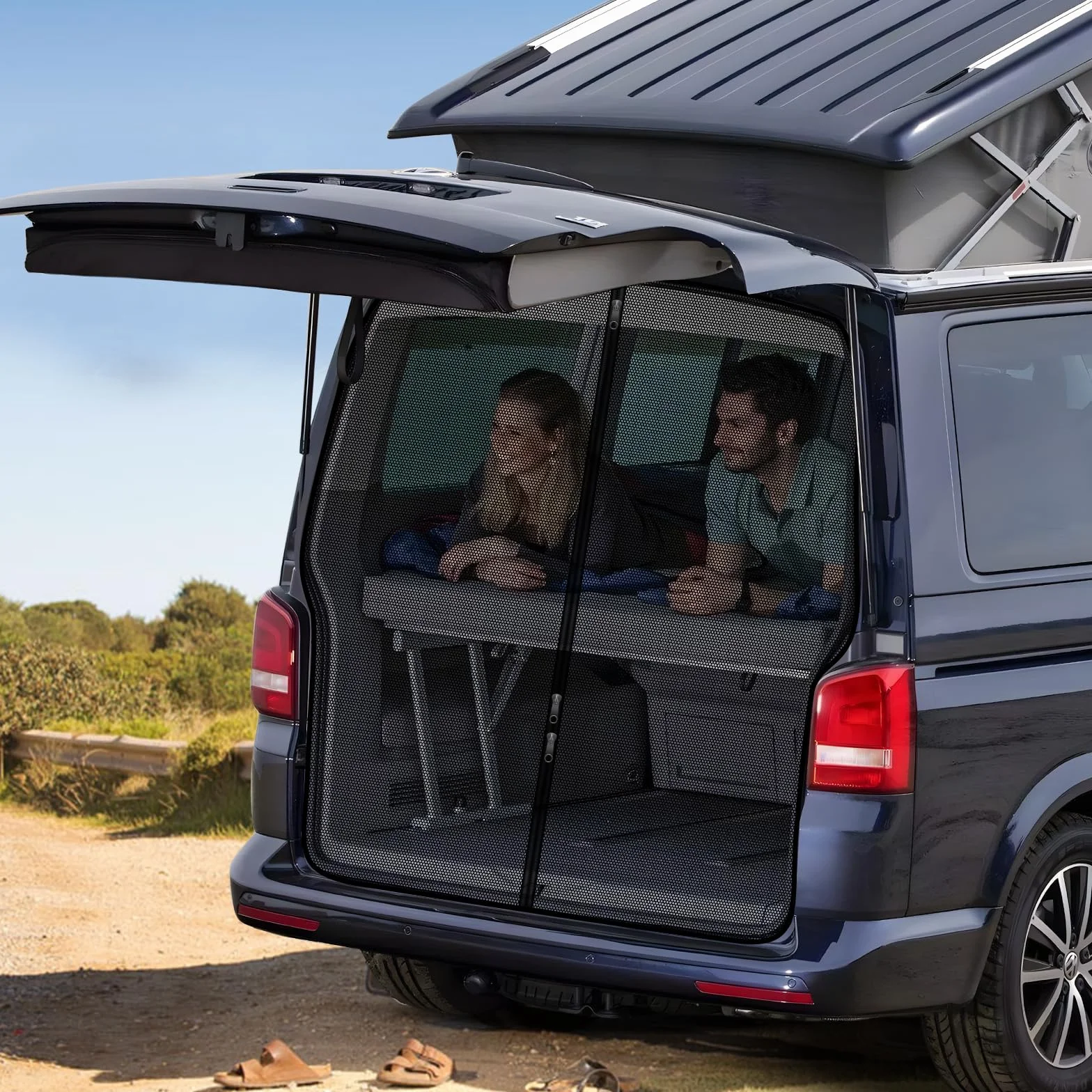 ZATOOTO Osłona przeciwsłoneczna na tylną klapę samochodu, odpowiednia tylko do VW T5 T6, osłona bagażnika z trzema zamkami, magnetyczna zasłona oddzielająca, siatka zacieniająca, moskitiera na kemping