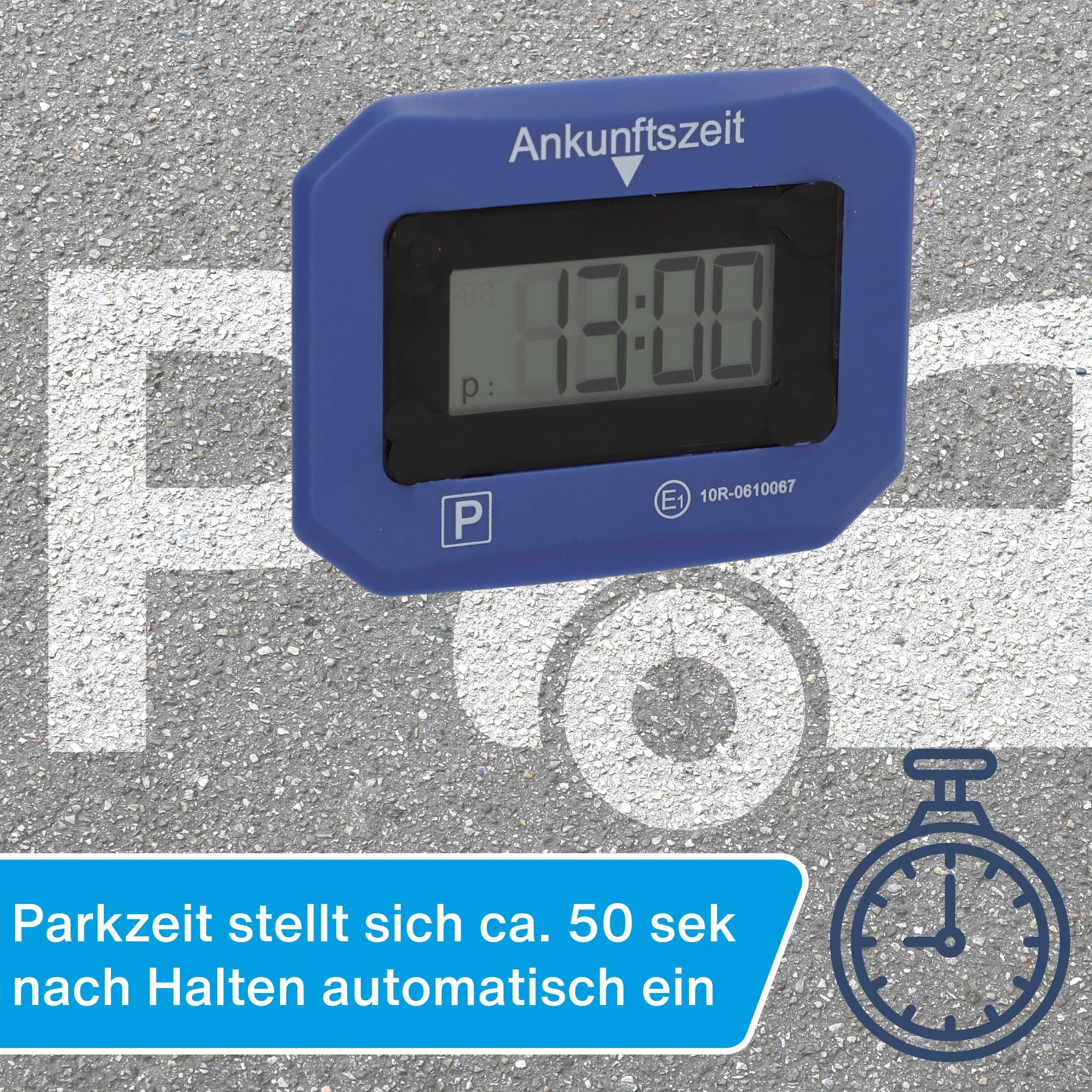 cartrend Cyfrowy zegar parkingowy do samochodu, elektroniczna tarcza parkingowa z dopuszczeniem KBA (kod typu pojazdu), automatyczny czas przybycia, z wyświetlaczem, niezawodny, łącznie z baterią i