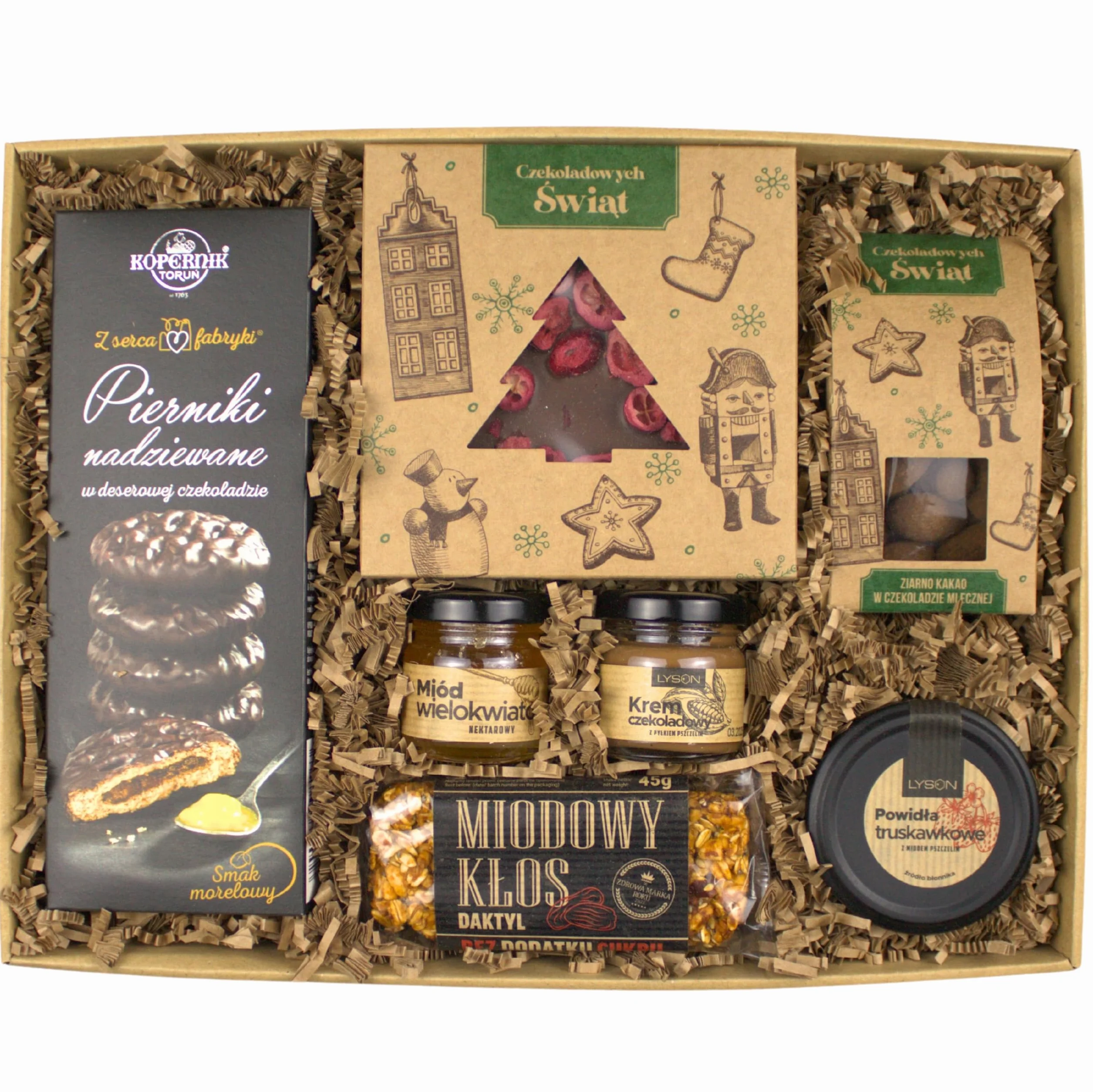 Kosz prezentowy BOX ŚWIĄTECZNY - Chocolate Story, pierniki, miód Łysoń