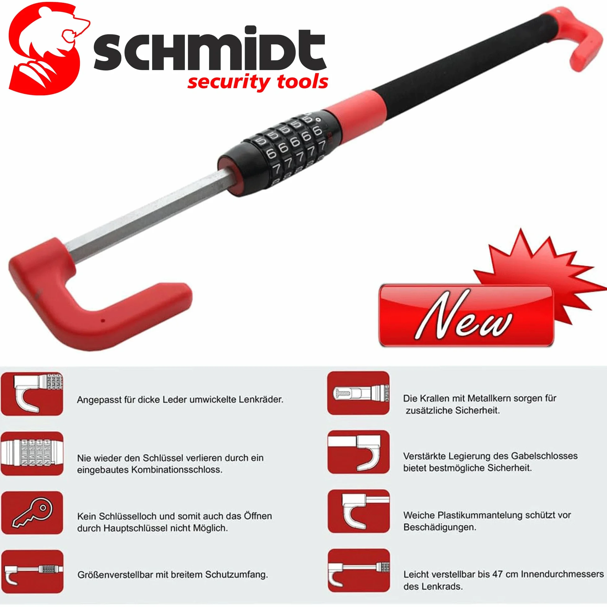 SCHMIDT Security Tools Blokada na i kierownicę LS-2000 49,5-78cm dla samochodów osobowych i ciężarowych, zabezpieczenie przed kradzieżą, z zamkiem liczbowym, blokada ruszenia pojazdem