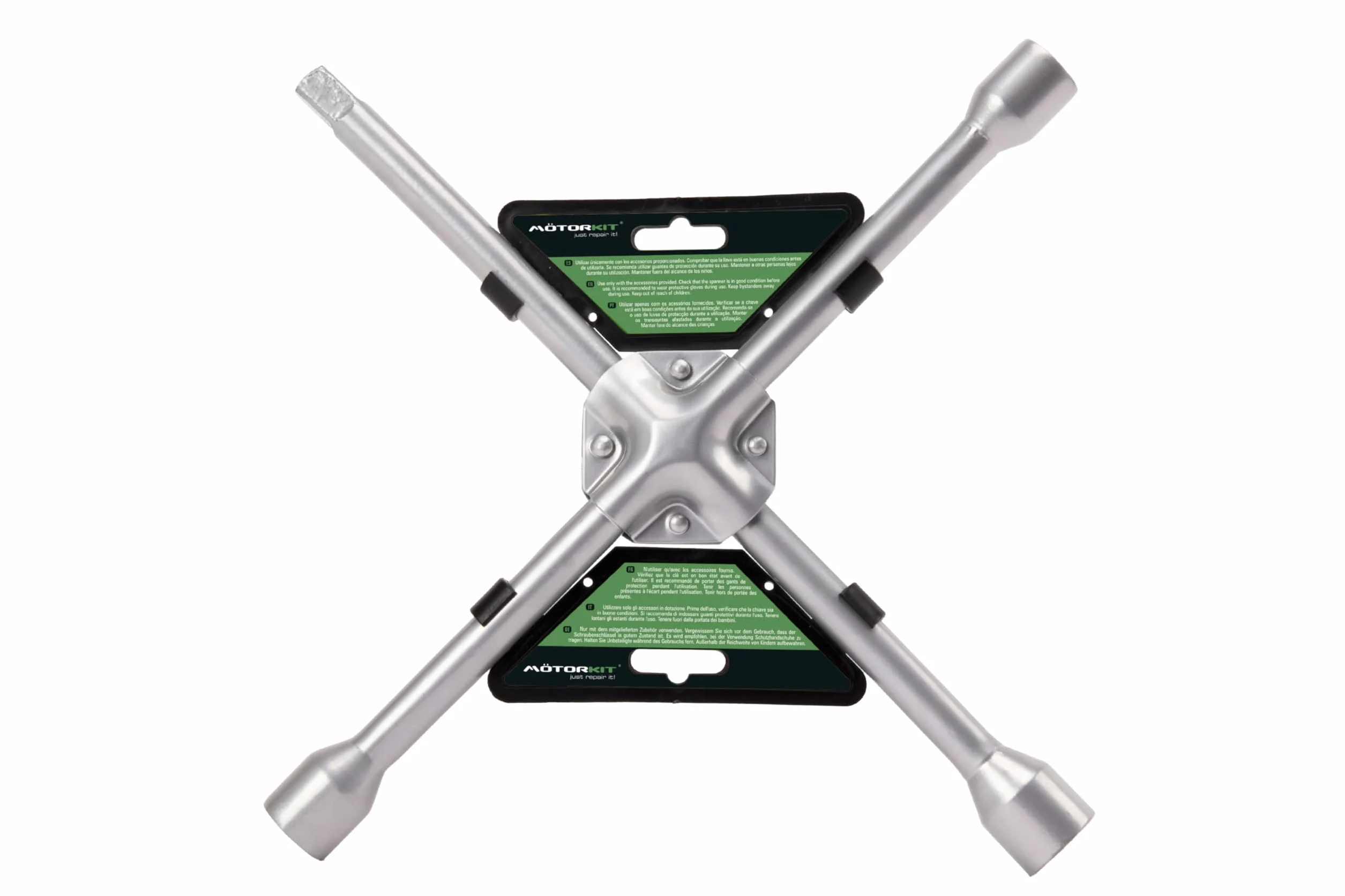 Motorkit Stały klucz krzyżowy do wymiany kół wyprodukowany ze stali węglowej o wysokiej wytrzymałości do nakrętek 17, 19 i 21 mm. Z otworem na adapter nakrętki.
