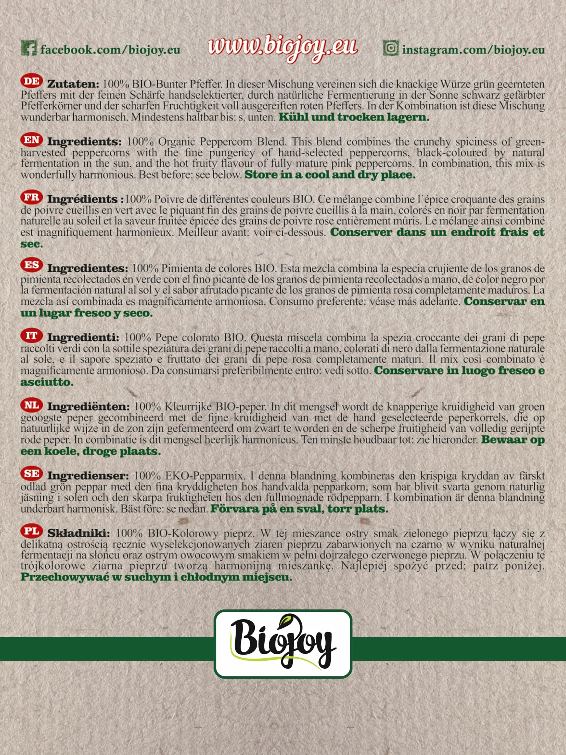 Biojoy Ekologiczny Pieprz kolorowy ziarnisty (100 g), Pieprz Mix (biały, czerwony, zielony, czarny)