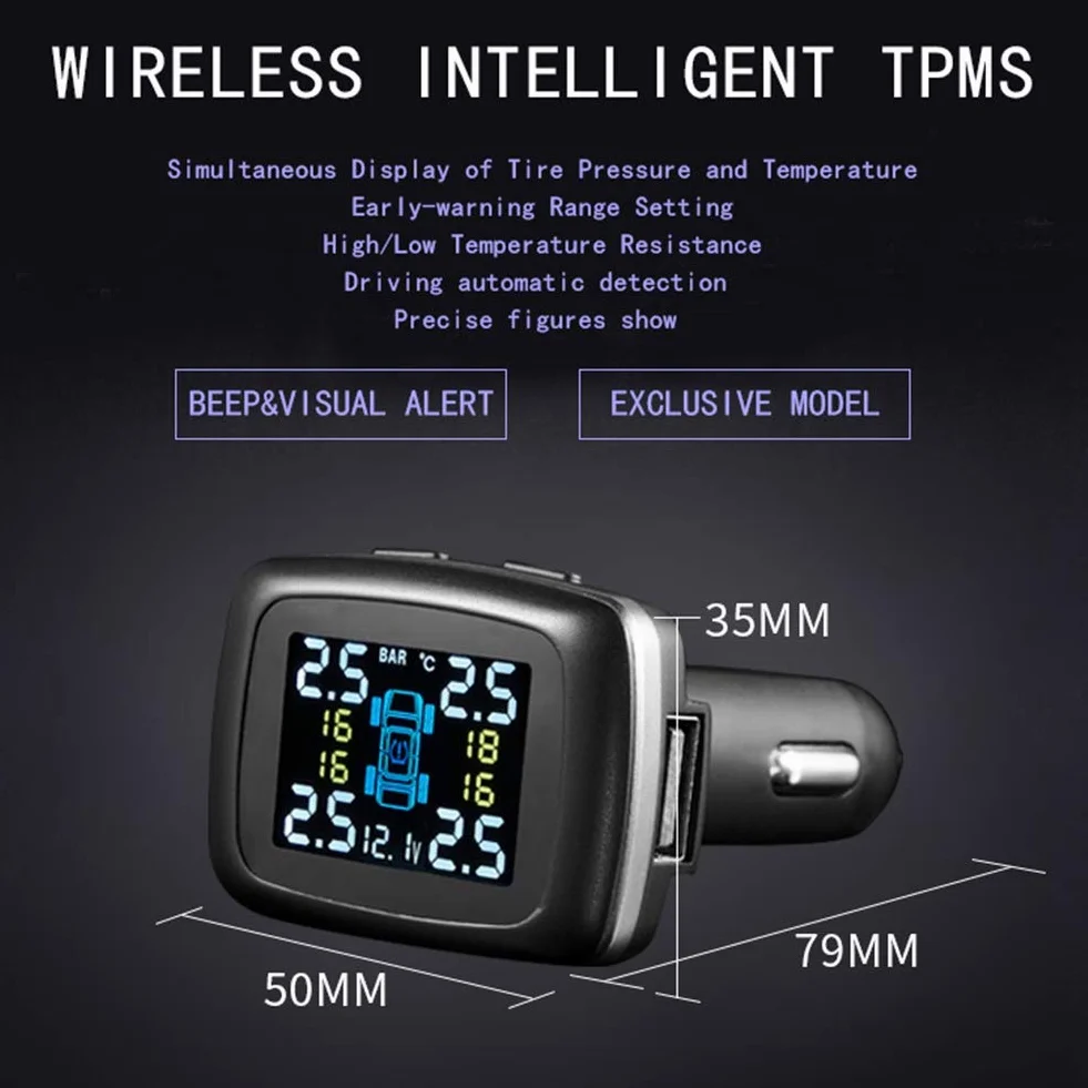 Terisass TPMS DC 12V samochód 433,92 MHz System monitorowania ciśnienia w oponach Wyświetlacz zapalniczki z 4 szt.Zestaw uniwersalnych czujników zewnętrznych C-100