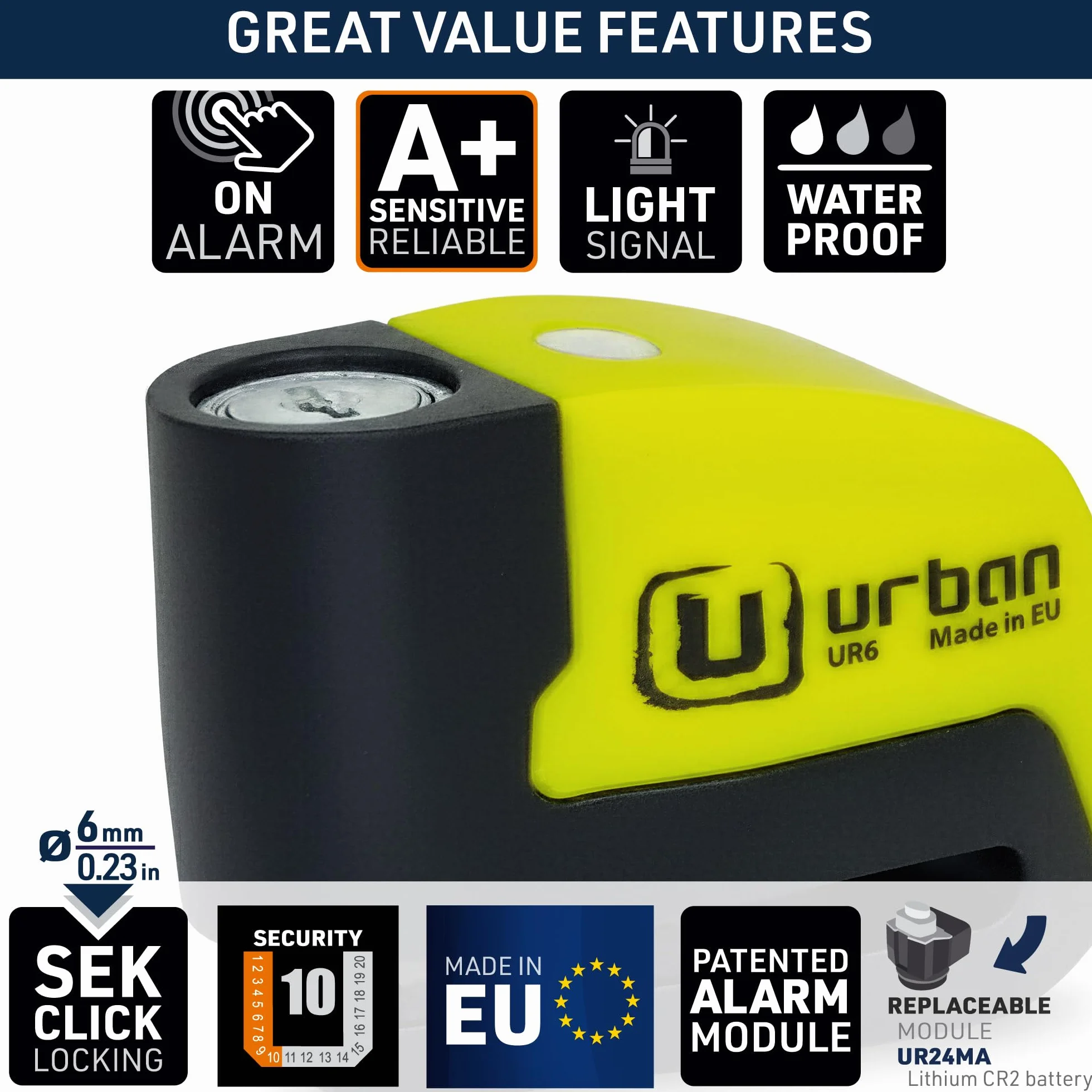 Urban UR6 Blokada Dysku z Alarmem Motocyklowy Alarm Przeciwkradzieżowy 120 dB, 6 mm