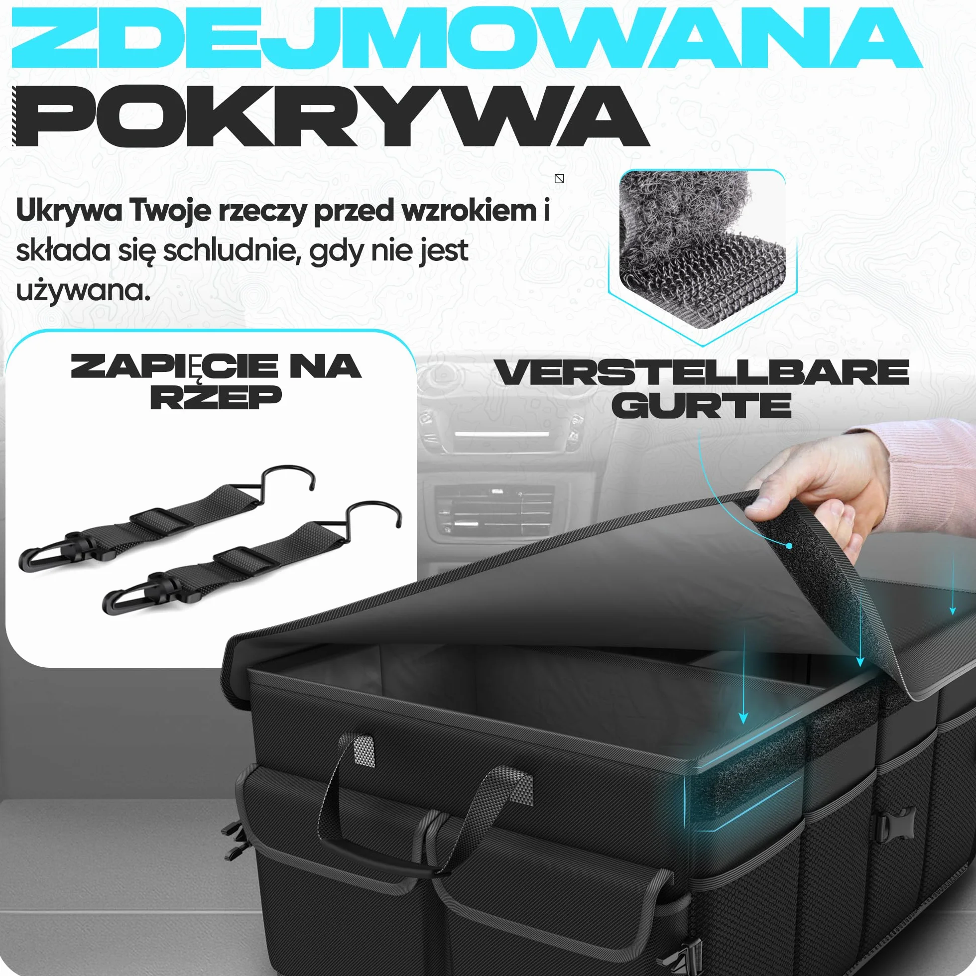 FORTEM Organizer do Bagażnika, Składany Pojemnik Samochodowy do SUV, Torba na Akcesoria Auto, Wielokomorowy Schowek z Materiału 600D Oxford, Antypoślizgowy Spód, Pasy Mocujące, Pokrywa (65L)