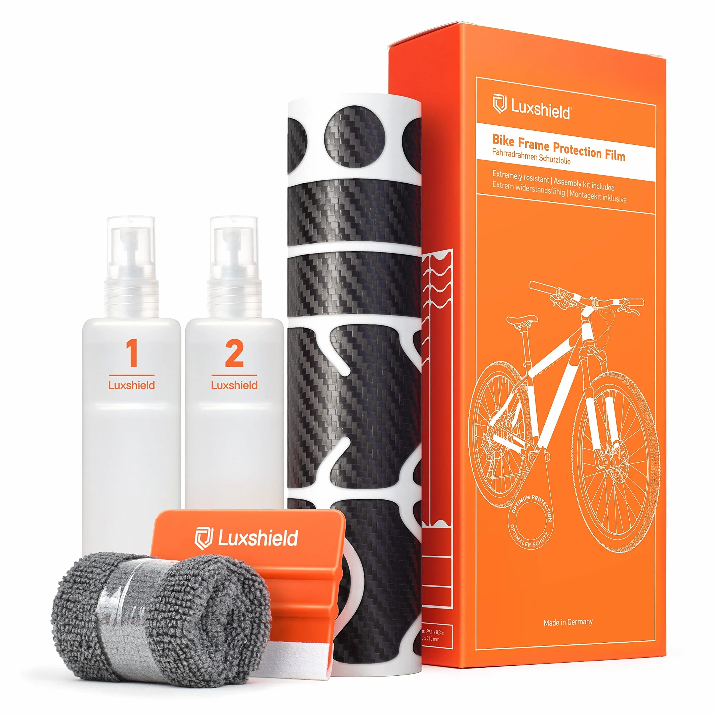 Luxshield folia ochronna lakieru do roweru - do rowerów górskich szosowych trekkingowych - 21-częściowy zestaw ochronny na ramę przed uderzeniami kamieni - wygląd karbonu & samoprzylepna