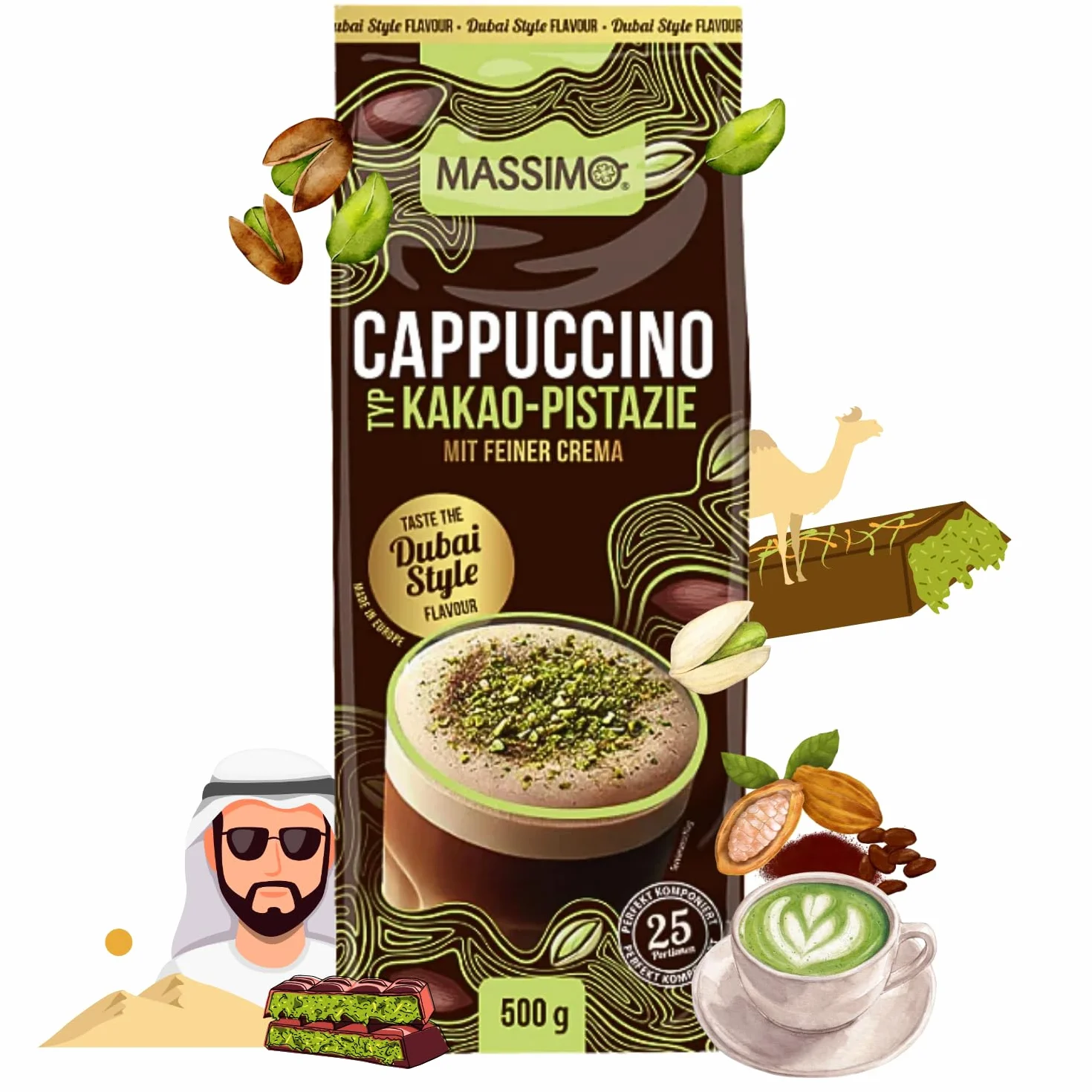 MASSIMO Typ Cappuccino Dubai Chocolate Style, 10 x 500 g proszek do napojów instant z kawą rozpuszczalną, kakao w proszku, pistacje kakaowe z delikatną śmietaną, zawiera kofeinę, szybkie przygotowanie