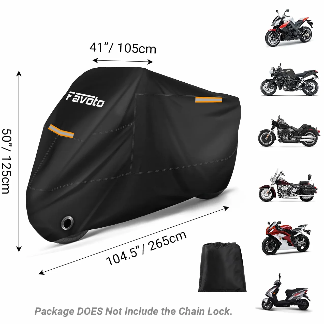 Favoto Pokrowiec na motocykl Pokrowiec na motocykl zewnętrzny XXXL 210T Pokrowiec z tkaniny Oxford Wewnętrzny pokrowiec na motocykl Pyłoszczelny z wodoodpornymi paskami Ulepszony otwór blokujący 265 cm x 105 cm x 125 cm