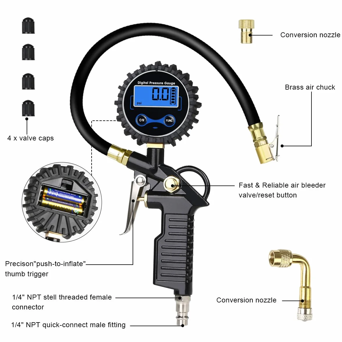 Cyfrowy miernik ciśnienia w oponach URAQT, manometr do opon 220 PSI z wyświetlaczem LCD, pompka do opon o dużej wytrzymałości, narzędzie pneumatyczne z wężem gumowym i szybkozłączem, uchwyt powietrza