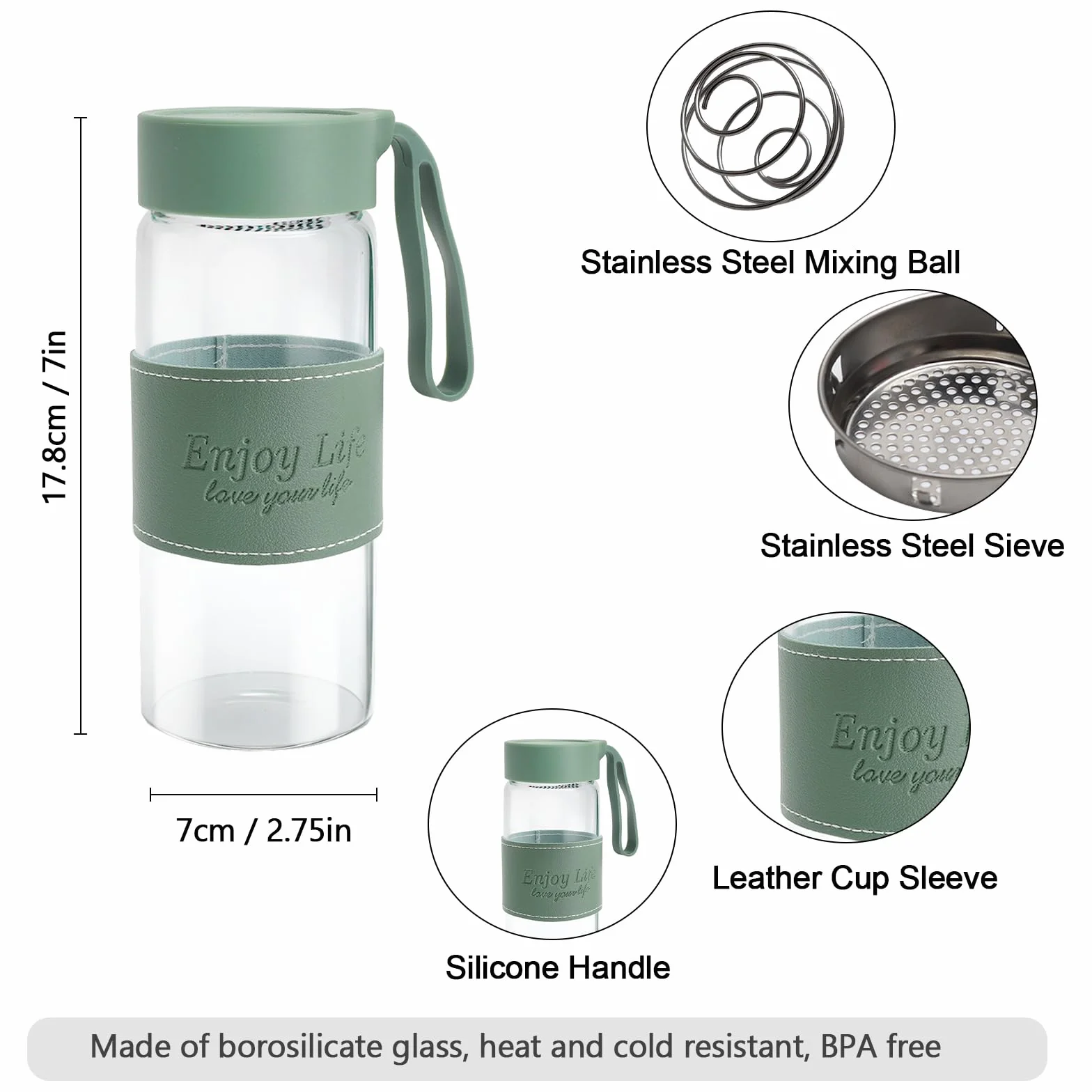 Szklany shaker proteinowy, 480 ml, shaker proteinowy, shaker do białek, z sitkiem i kulką ze stali nierdzewnej, kubek do fitnessu, shaker do białek, suplementów sportowych, D