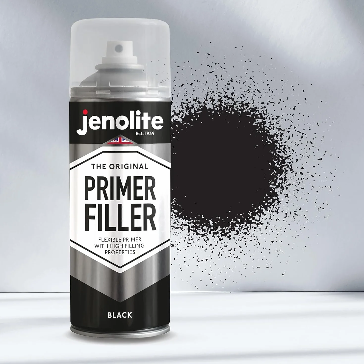 JENOLITE Farba podkładowa w sprayu, czarna, wielopowierzchniowa farba podkładowa o wysokim wypełnieniu, wypełnia małe wgniecenia i zadrapania, idealna do karoserii samochodowych, modeli drukarek 3D i