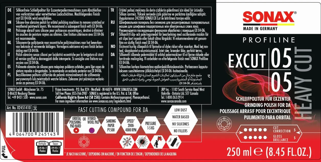 SONAX PROFILINE ExCut 05-05 (250 ml) politura szlifierska do szlifowania porysowanych lub miejscowo szlifowanych warstw lakieru/nr art. 02451410