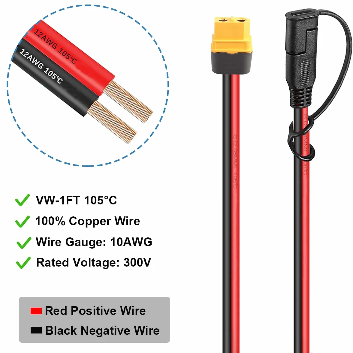 Kabel przedłużający XT60 do SAE 10AWG SAE do żeńskiego kabla panelu słonecznego XT60, z bezpiecznikiem do przenośnej elektrowni solarnej (2 stopy)