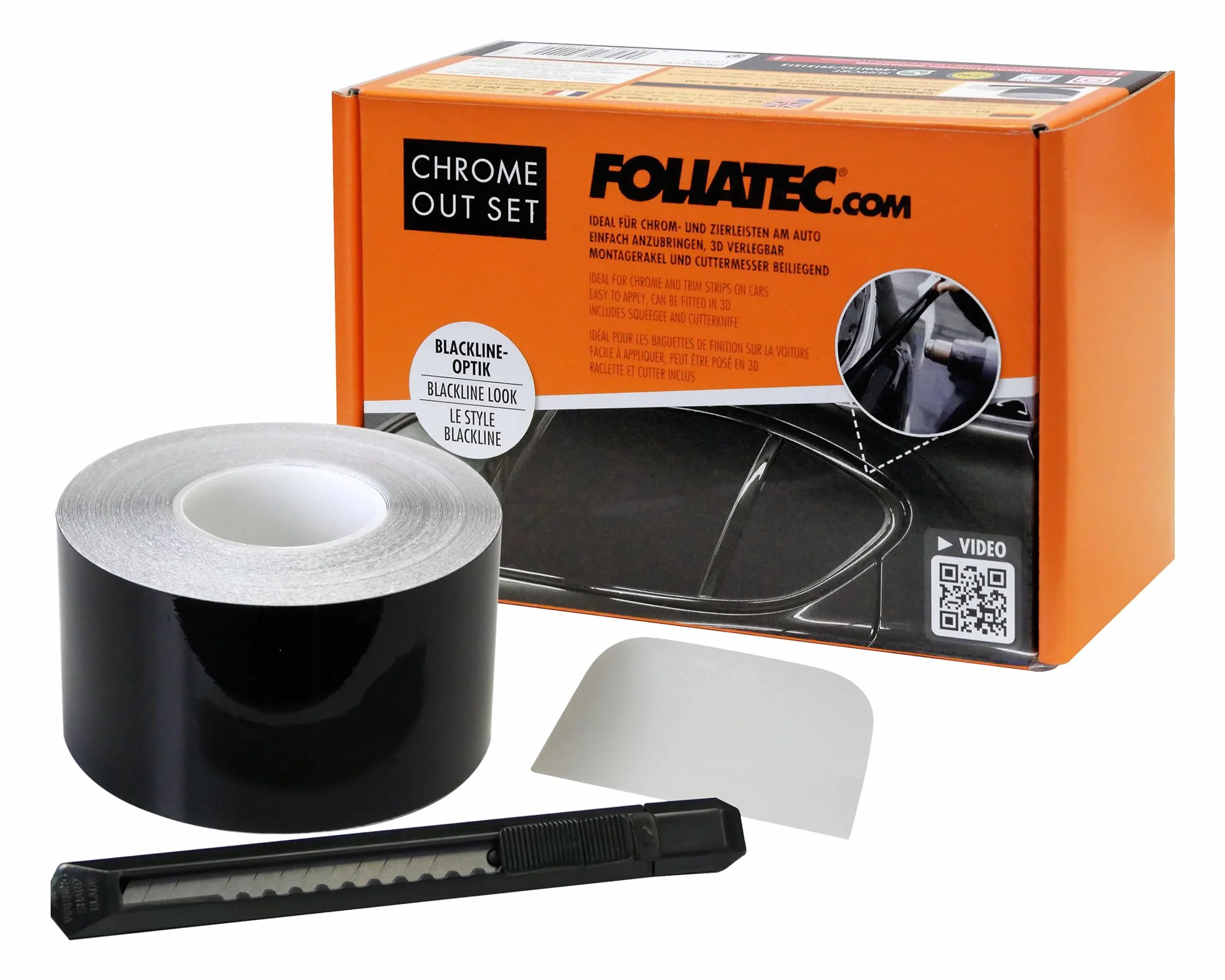 Foliatec Chrome Out zestaw listew ozdobnych do samochodu, czarne błyszczące, 15 m x 5 cm
