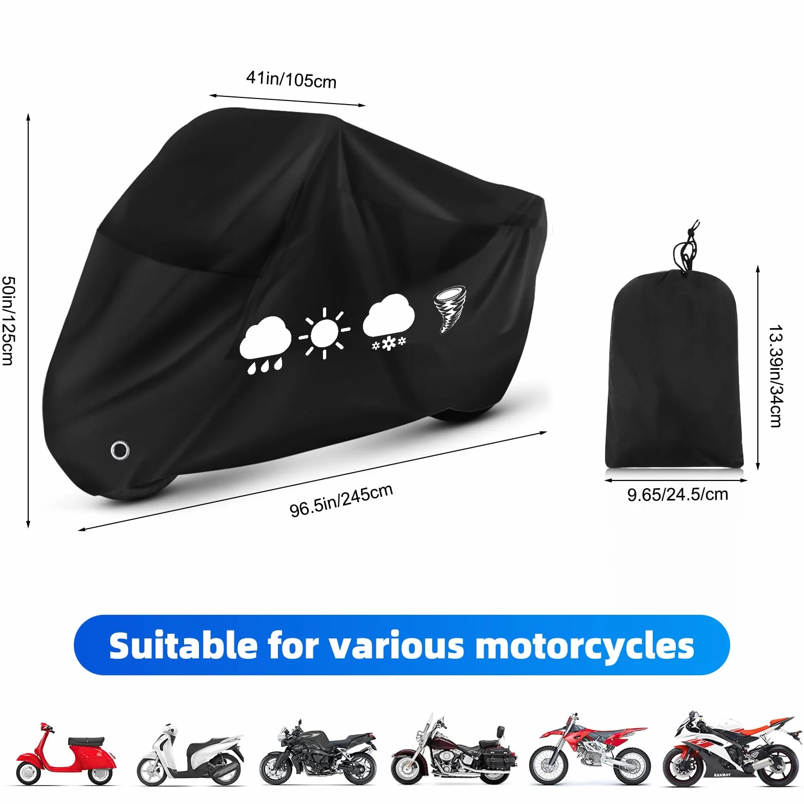 Plandeka ochronna na motocykl, z otworem na zamek, wodoszczelna, odporna na promieniowanie UV, do motorowerów, skuterów, enduro / dróg, akcesoria do motocykli, 245 x 105 x 125 cm