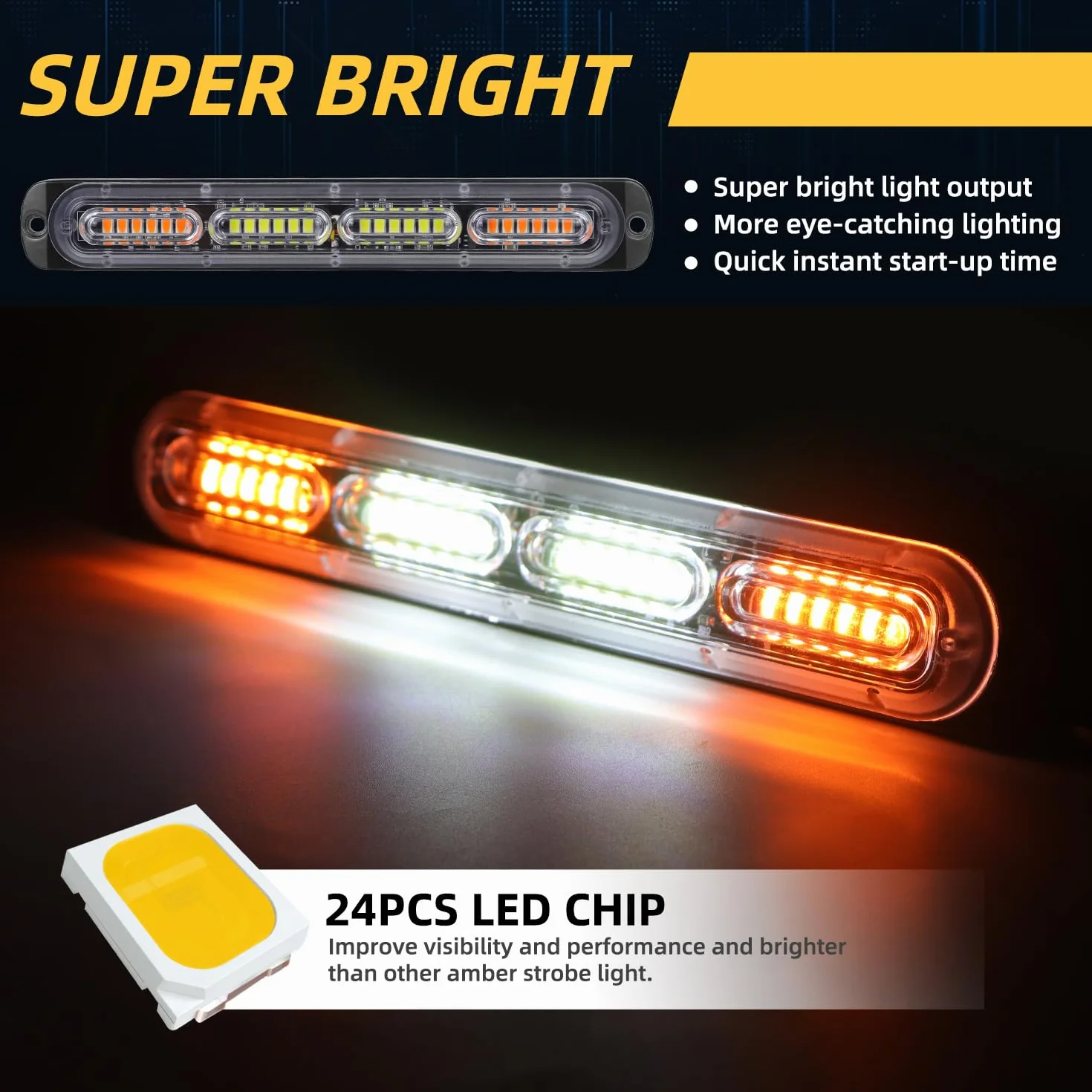 4 x 24 przednie migające diody LED pomarańczowe + białe, 12 V 96 W 18 trybów stroboskopu, IP67, listwa świetlna do samochodów ciężarowych, traktorów samochodowych